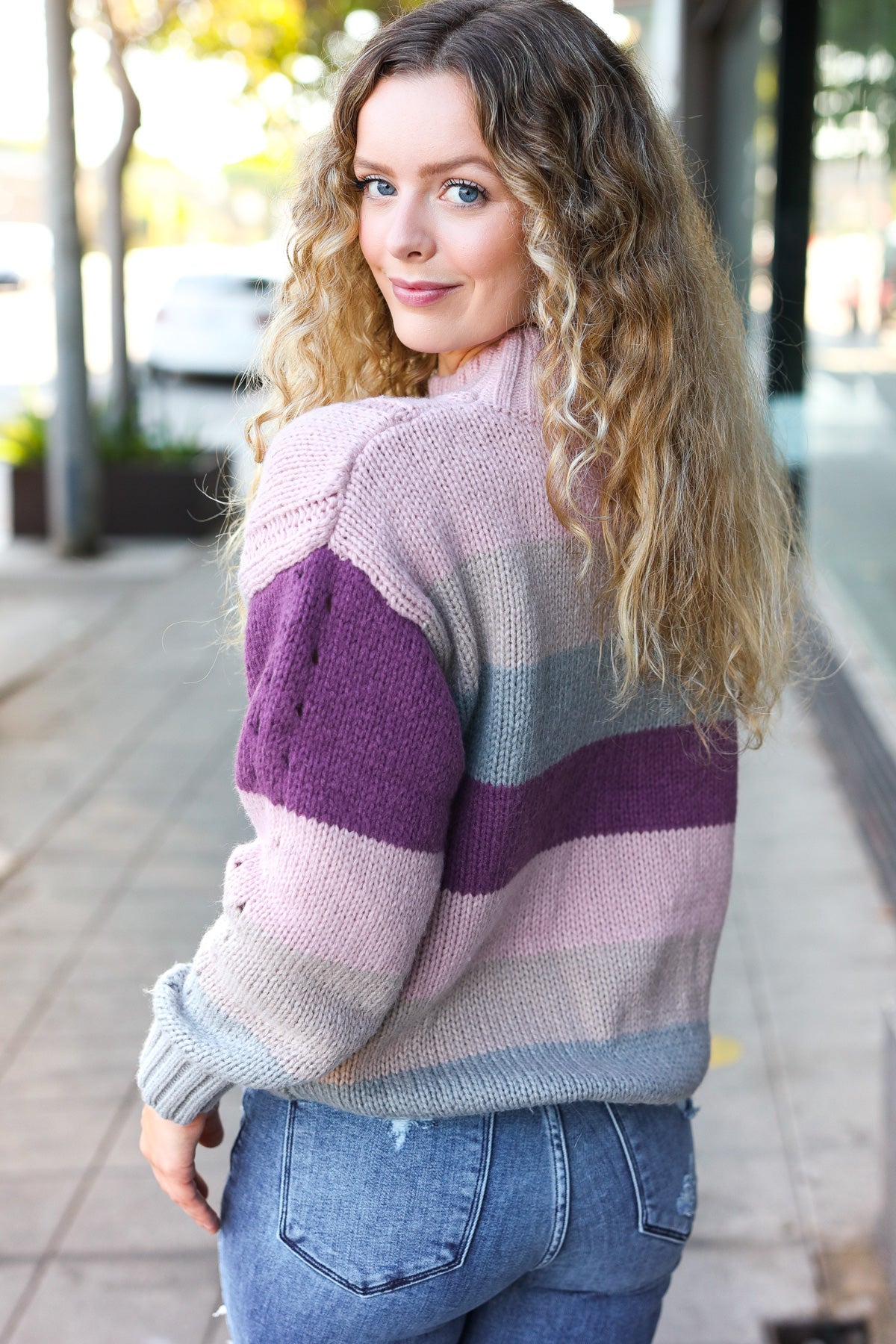 Fall For You Mauve Multicolor Stripe Cable Knit Mock Neck Sweater | Women's Cozy Winter Pullover | Perfect for Christmas, Holiday Parties & Casual Outings