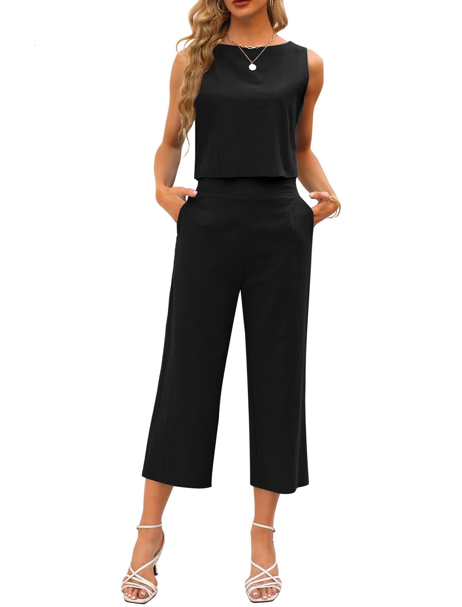 Women's Summer 2-Piece Outfit - Round Neck Button Back Sleeveless Tank Top & Wide Leg Pants Set with Pockets | Casual Beachwear, Vacation Outfits, Street Style Fashion