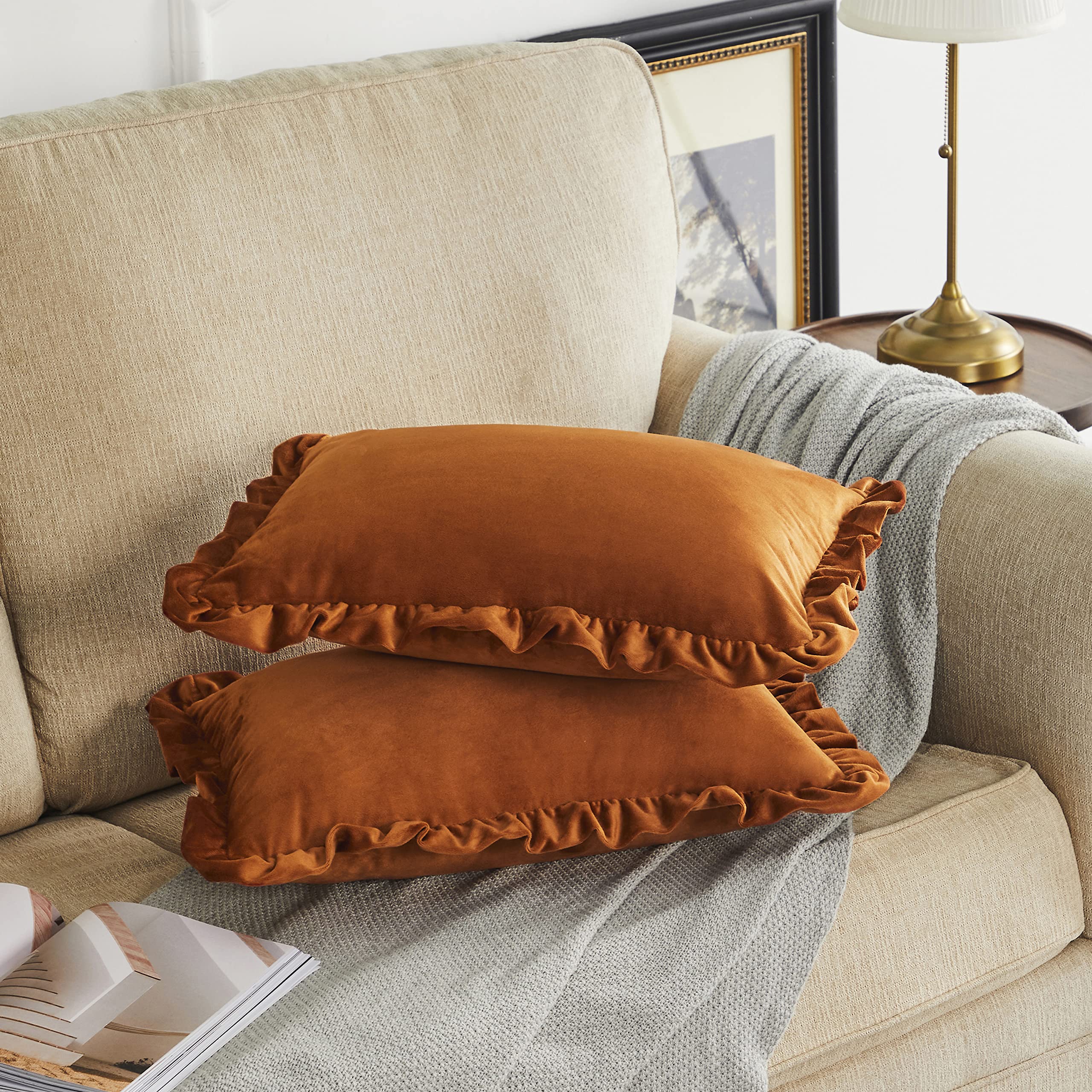 GIGIZAZA 12x20 Burnt Orange Velvet Lumbar Throw Pillow Covers Set of 2 - Decorative Ruffle Cushion Covers for Sofa, Couch, Bed, Living Room & Home Decor