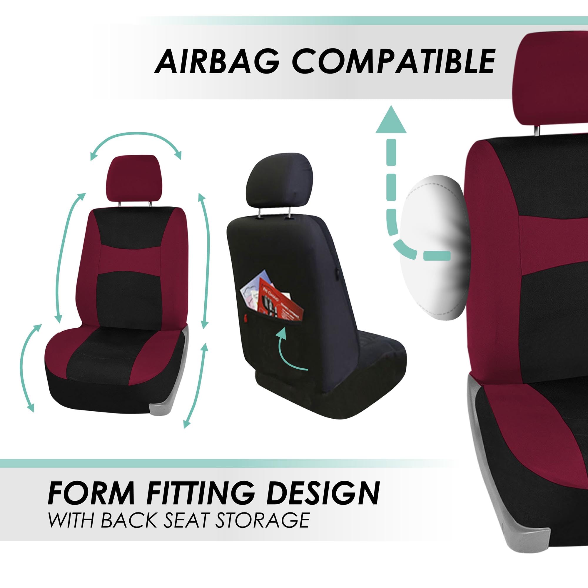 TLH Lightweight Breezy Car Seat Covers Full Set - Burgundy Flat Cloth, Airbag Compatible with Floor Mats - Universal Fit for Cars, Trucks & SUVs | Perfect for Road Trips, Daily Commutes & Protecting Your Vehicle Interior