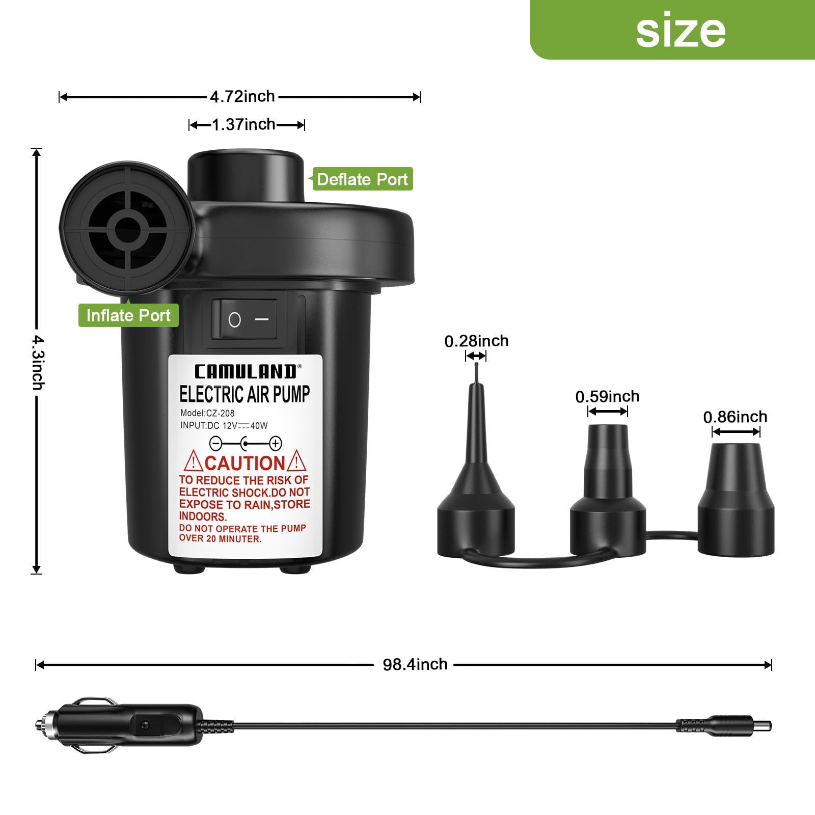 CAMULAND Portable Air Pump with 3 Nozzles - 12V Quick-Fill Electric Inflator for Air Mattress, Inflatable Pool Toys, Swimming Rings & More - ETL Certified Car Adapter - Perfect for Camping, Travel & Home Use