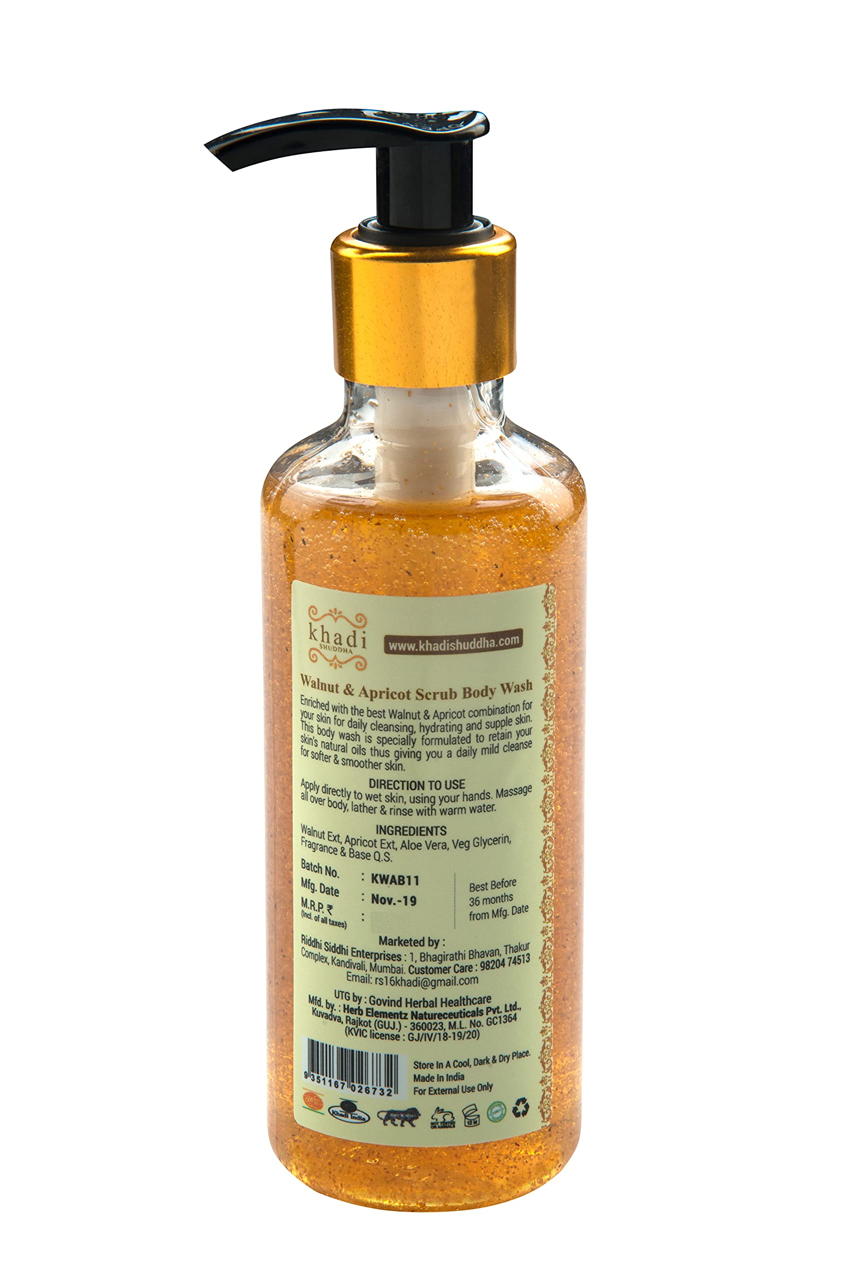 Khadi Suddha Walnut & Apricot Scrub Body Wash - 210ml | Natural Exfoliating Face & Body Cleanser for Glowing Skin | Perfect for Daily Shower & Spa Routine