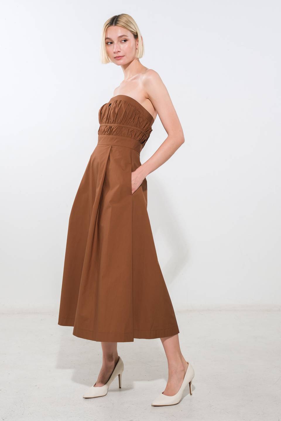 MYSTIC MUSE Strapless A-Line Midi Dress for Women - Elegant Formal Evening Gown for Wedding, Cocktail Party & Special Occasions
