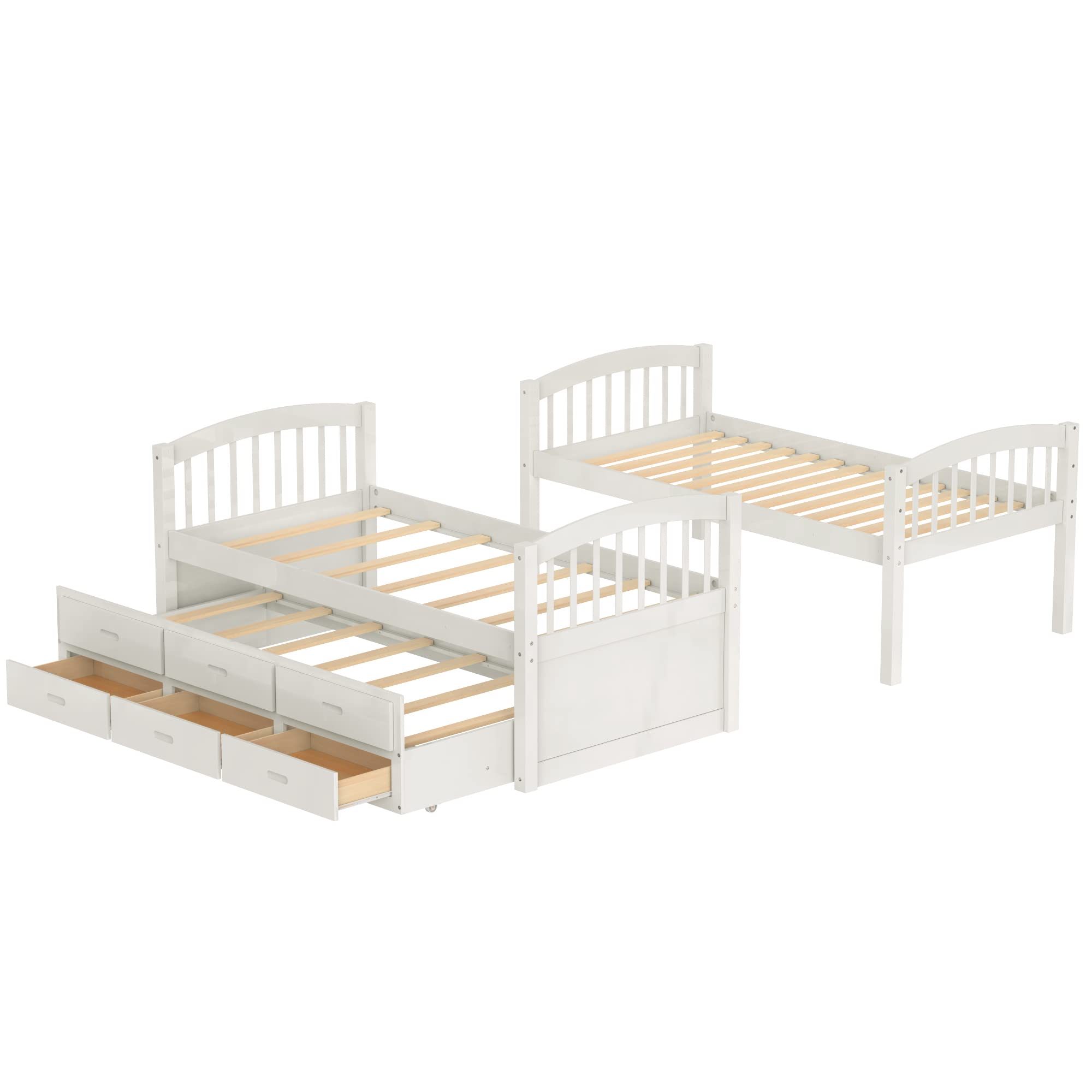 Harper & Bright Designs Solid Wood Twin Over Twin Bunk Bed with Trundle - 3 Storage Drawers, Safety Rail, Convertible to 2 Beds - No Box Spring Needed (White) | Perfect for Kids' Bedroom, Guest Room & Space-Saving Solutions