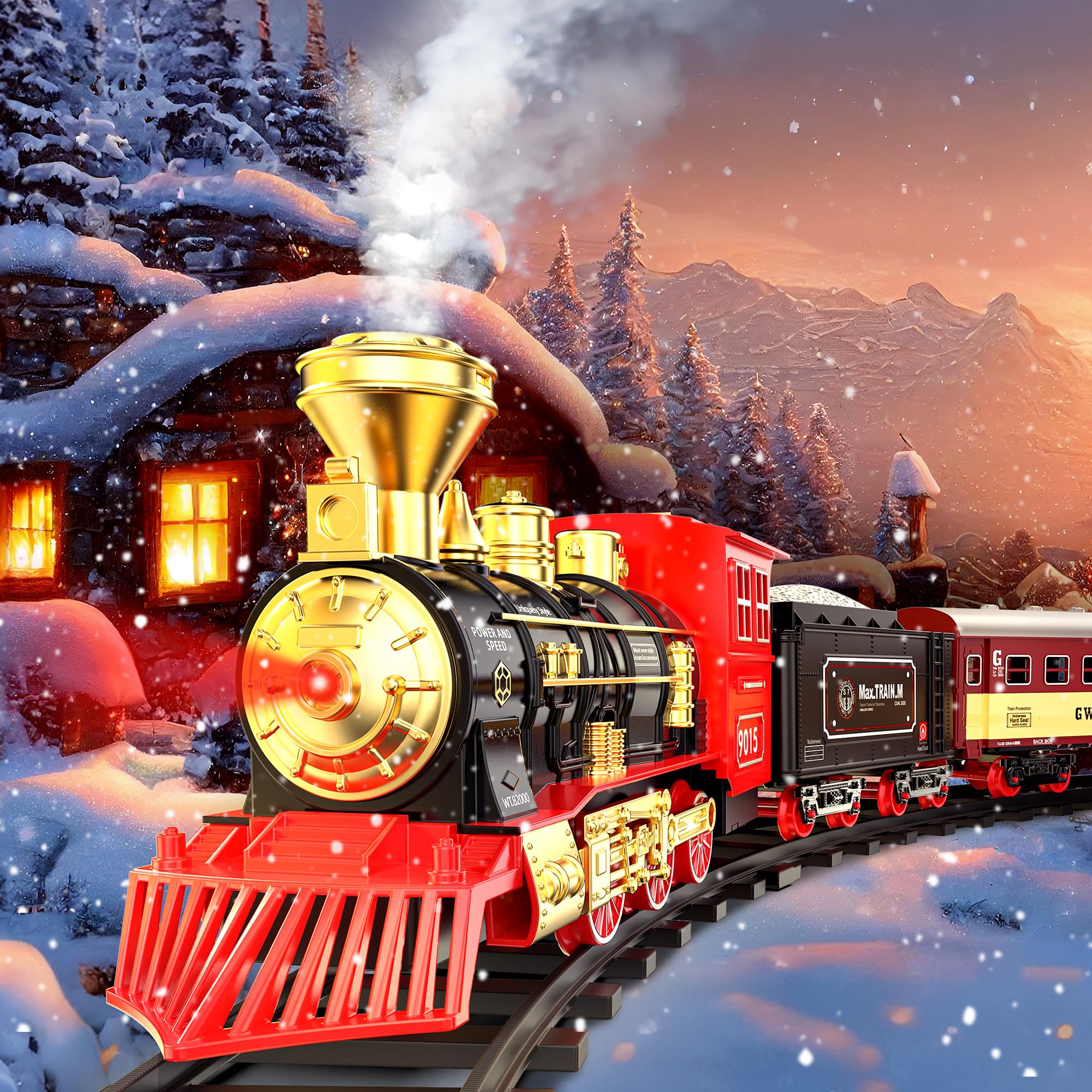 Hot Bee Christmas Train Set for Toddlers 2-4 Years - Electric Steam Locomotive Toy with Lights, Sounds & Spray - Easy Setup Holiday Train for Around Christmas Tree - Perfect Gift for Kids Ages 4-8 (Great for Holiday Decorations & Family Playtime)