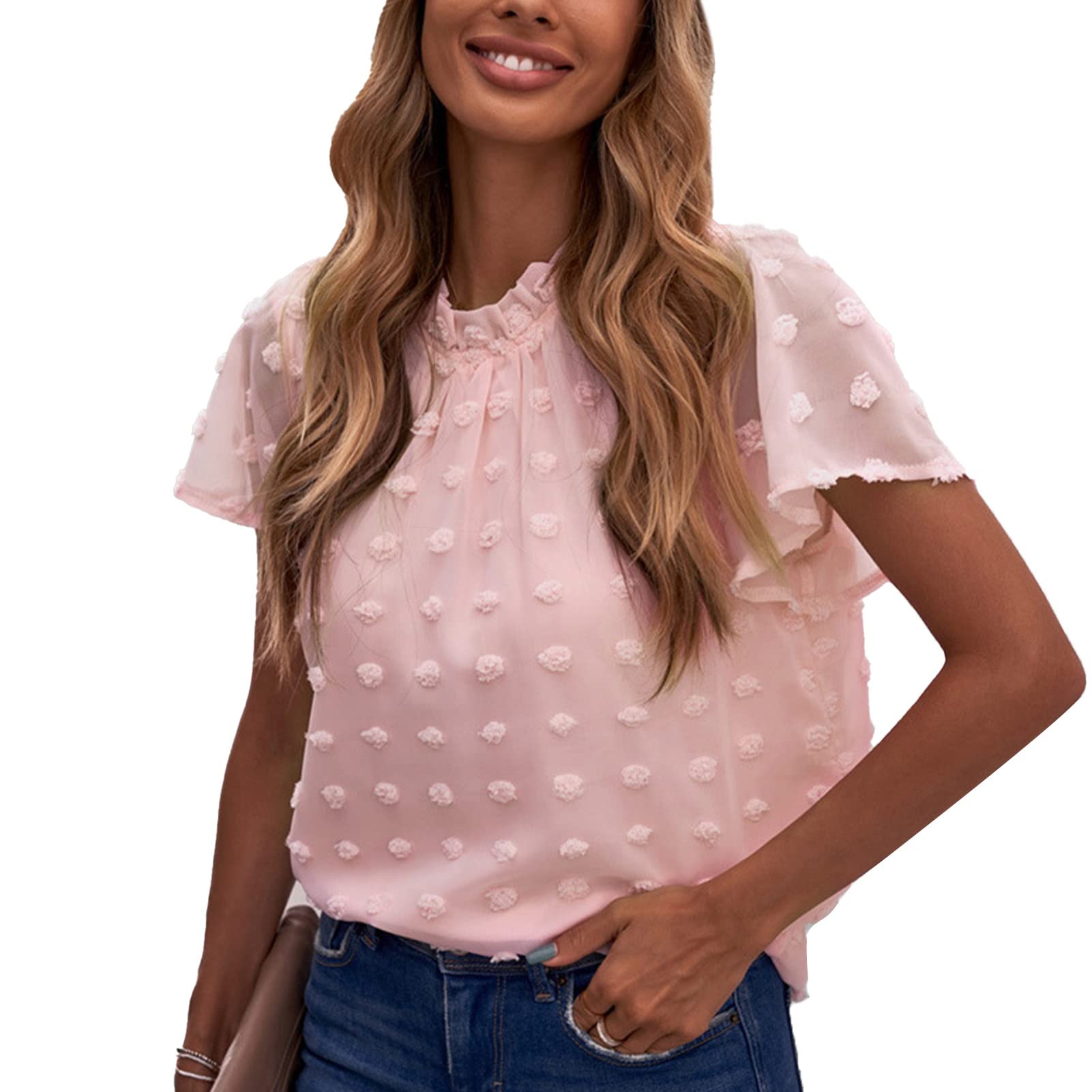 Women's Cute Chiffon Blouse Swiss Dot Pom Pom Round Neck Short Sleeve Top - Summer Flowy Casual Shirt for Beach, Office & Date Night Outfits