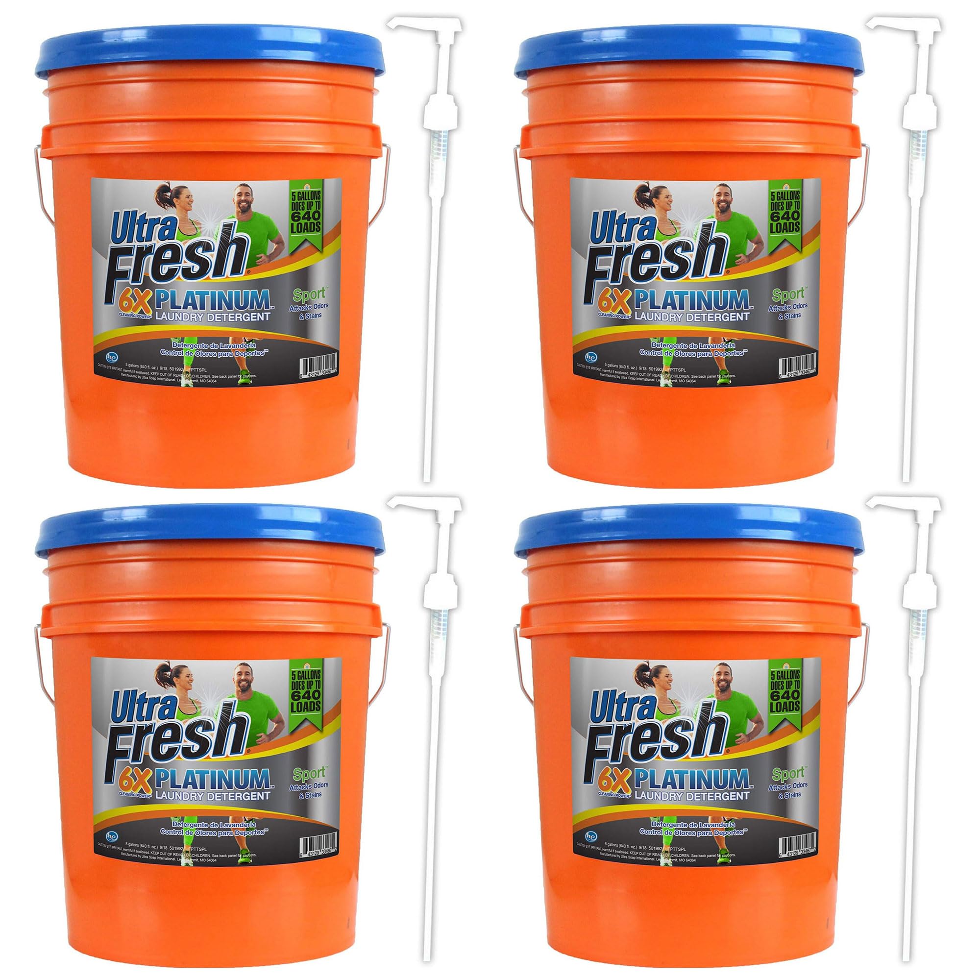 Platinum Sport 5 Gallon 6x Concentrated Laundry Detergent - Works in All Washing Machines (HE, Top Load, Front Load) - 640 Loads per Jug with Convenient Pump (4 Pack) - Perfect for Large Families, Gyms, and Sports Teams