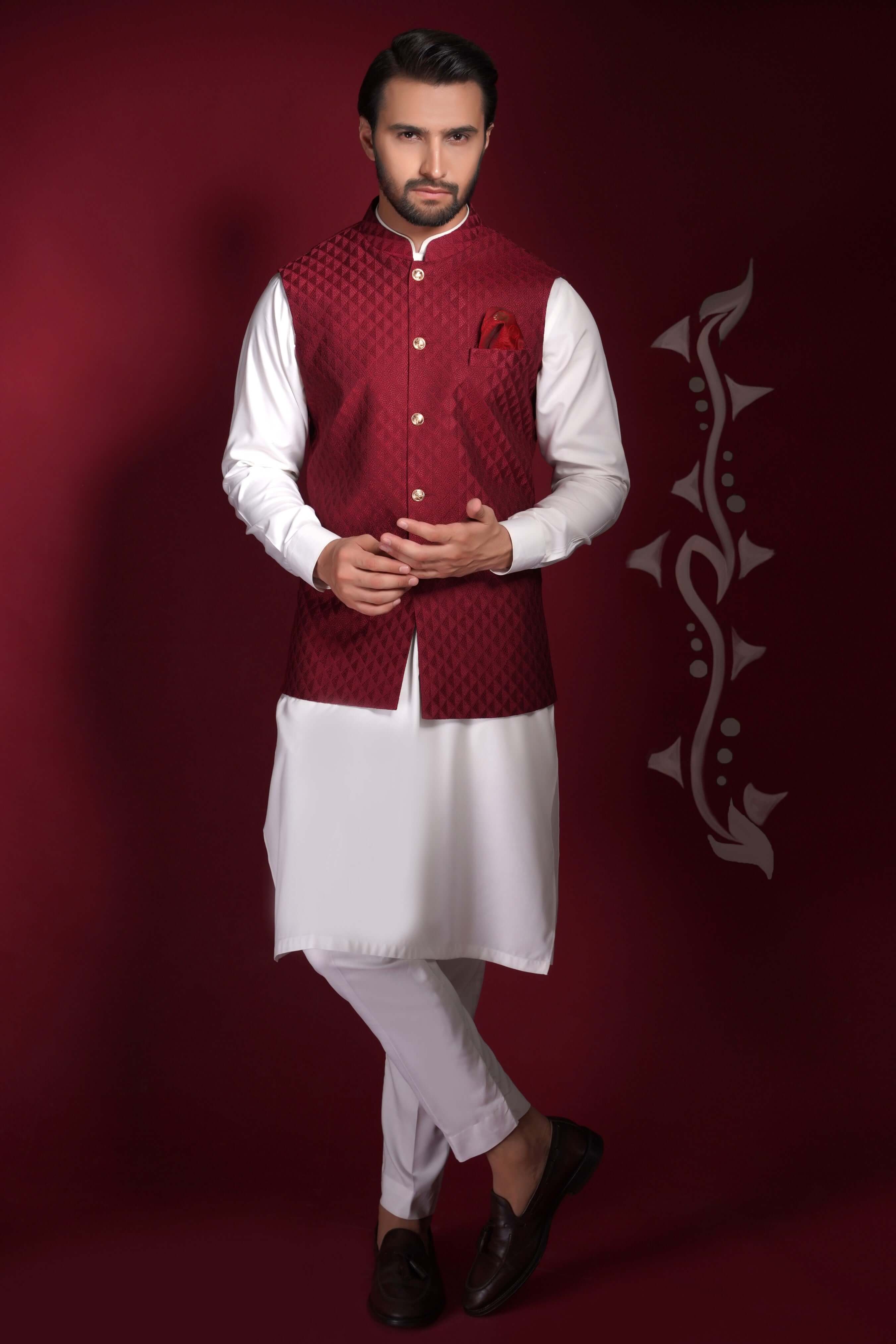 Deep Maroon Embroidered Textured Waistcoat Kurta Set for Men - Traditional Indian Ethnic Wear for Weddings, Festivals & Special Occasions