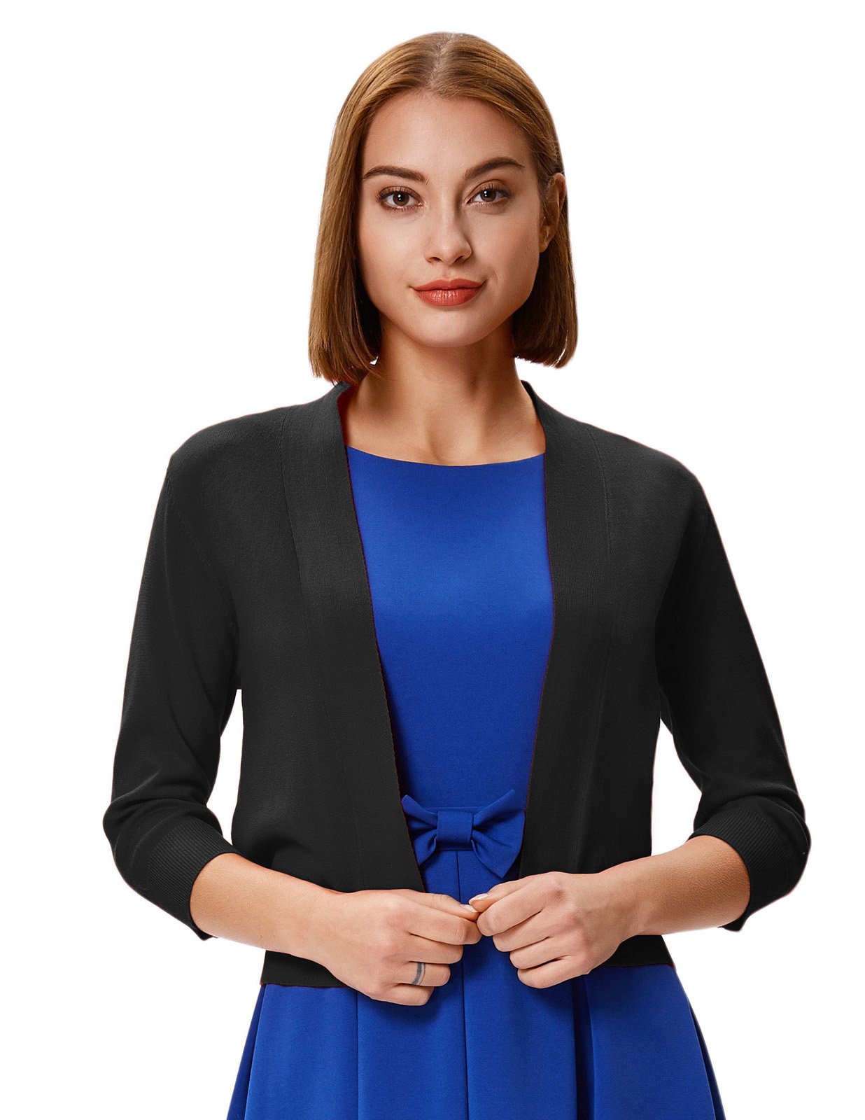 GRACE KARIN Women's 3/4 Sleeve Cropped Cardigan Sweater - Lightweight Knit Open Front Shrug Bolero for Office, Casual Outfits & Spring Layering