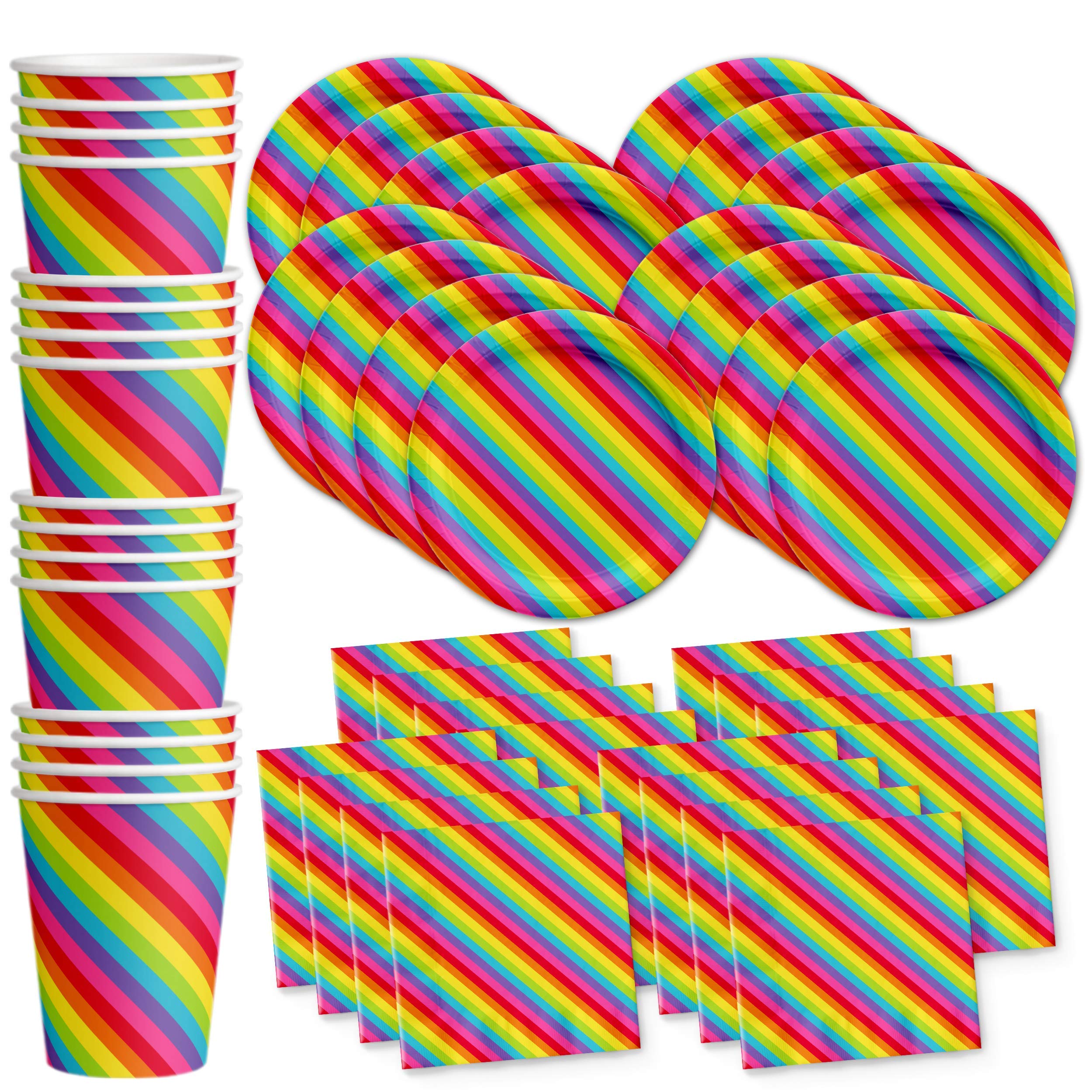 Vibrant Rainbow Birthday Party Supplies Set - 16-Piece Tableware Kit with Plates, Napkins & Cups for Kids' Birthday Celebrations & Themed Events