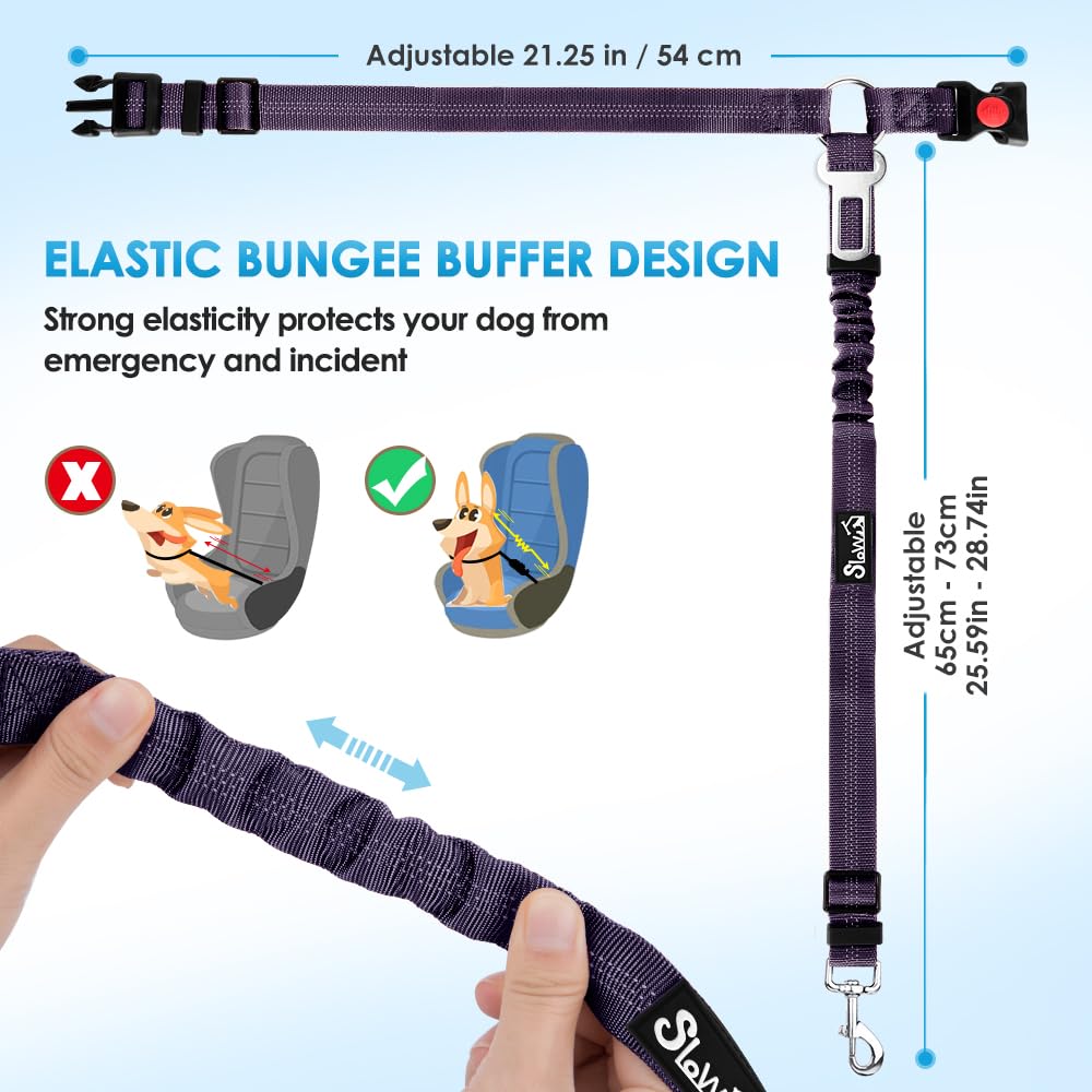 SlowTon 2-Pack Adjustable Dog Seat Belt for Car - Reflective Pet Safety Harness with Elastic Bungee Buffer, 2-in-1 Headrest Restraint & Clip Leash (Purple) - Secure Your Dog During Road Trips & Daily Commutes