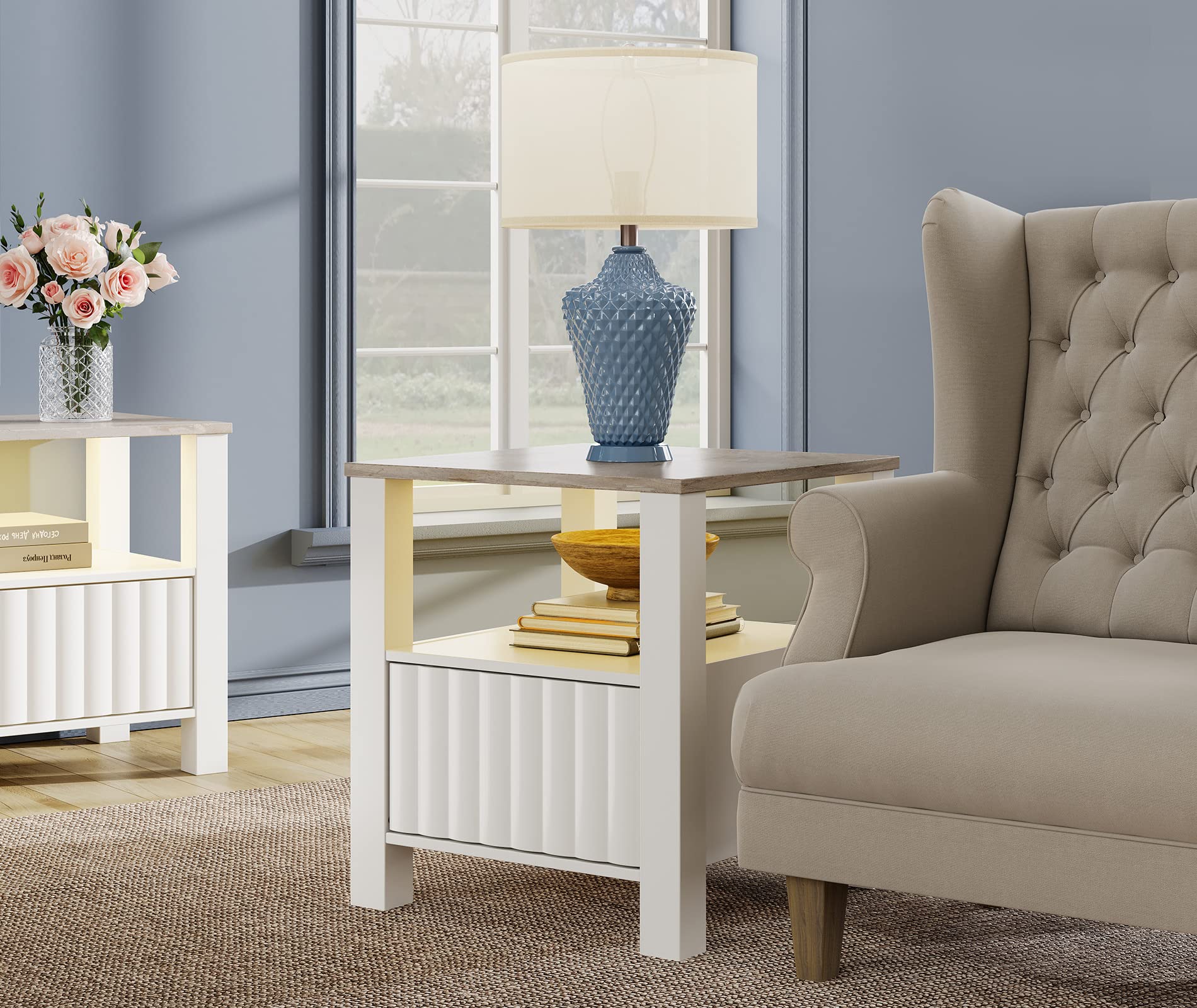 Modern White LED Nightstand with Faux Marble Top & Storage - Wooden Bedside End Table for Bedroom, Living Room - Perfect for Small Spaces, Reading Nook & Apartment Decor