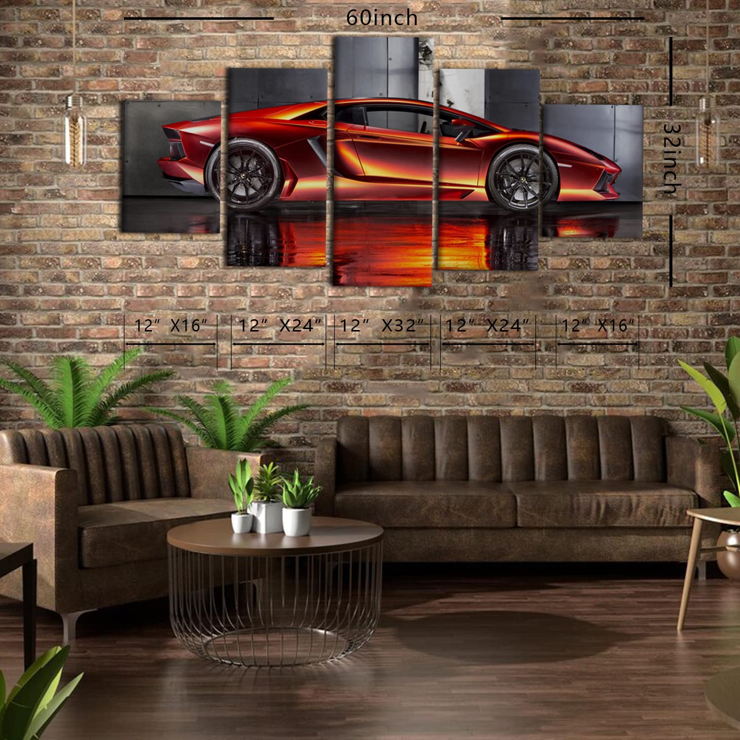 Orange Lamborghini Supercar Canvas Wall Art - 5 Piece 60x32