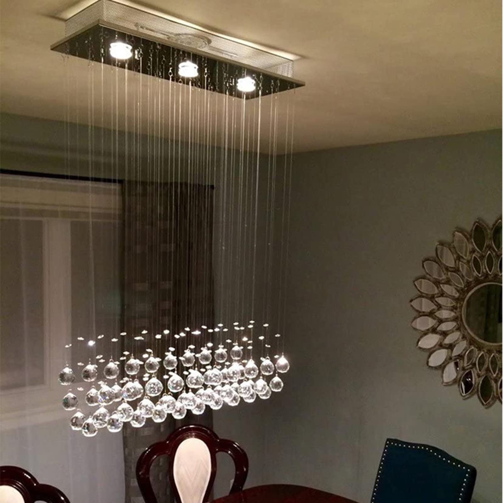Modern Minimalist Rectangular LED Chandelier - Raindrop Crystal Pendant Semi-Recessed Ceiling Light for Bedroom, Dining Room, Entryway, Foyer & Girls Room | Elegant Home Lighting for Contemporary Interiors