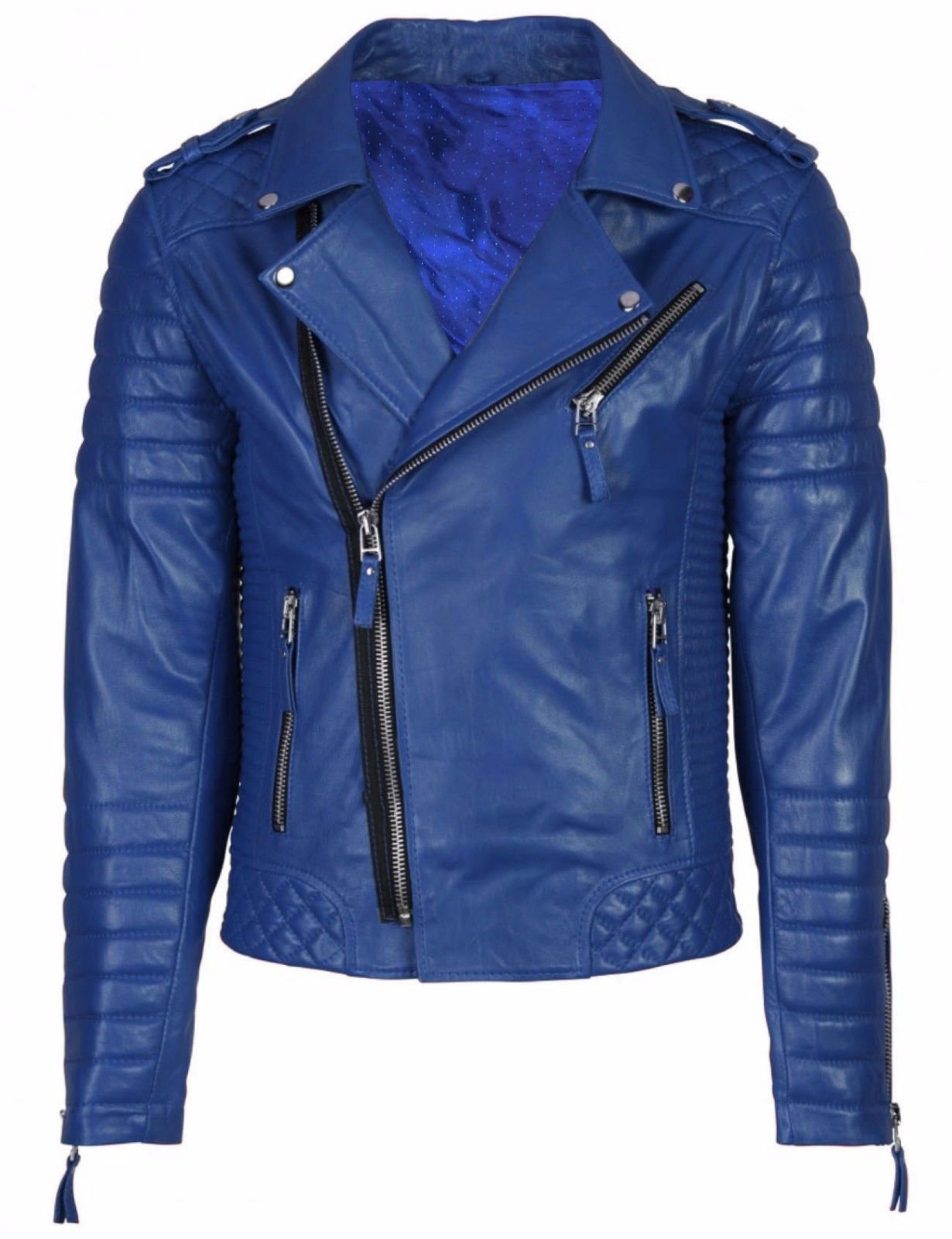 **Men's Smooth Distress Leather Biker Jacket – Stylish Zippered Outerwear for Men in Blue – Perfect for Motorcycle Rides & Casual Streetwear**