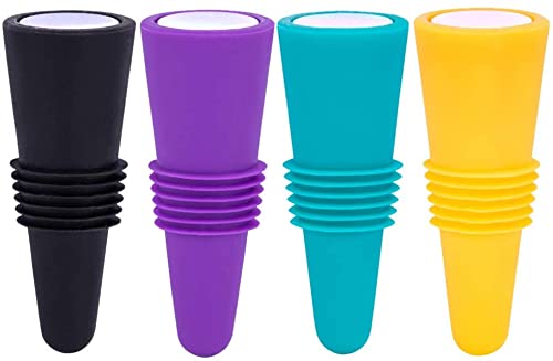 Premium Wine Stoppers Set of 4 - Colorful Silicone & Stainless Steel Bottle Stoppers for Wine, Champagne and Beverages - Airtight Seal for Freshness - Perfect for Home Bars, Parties and Gifts