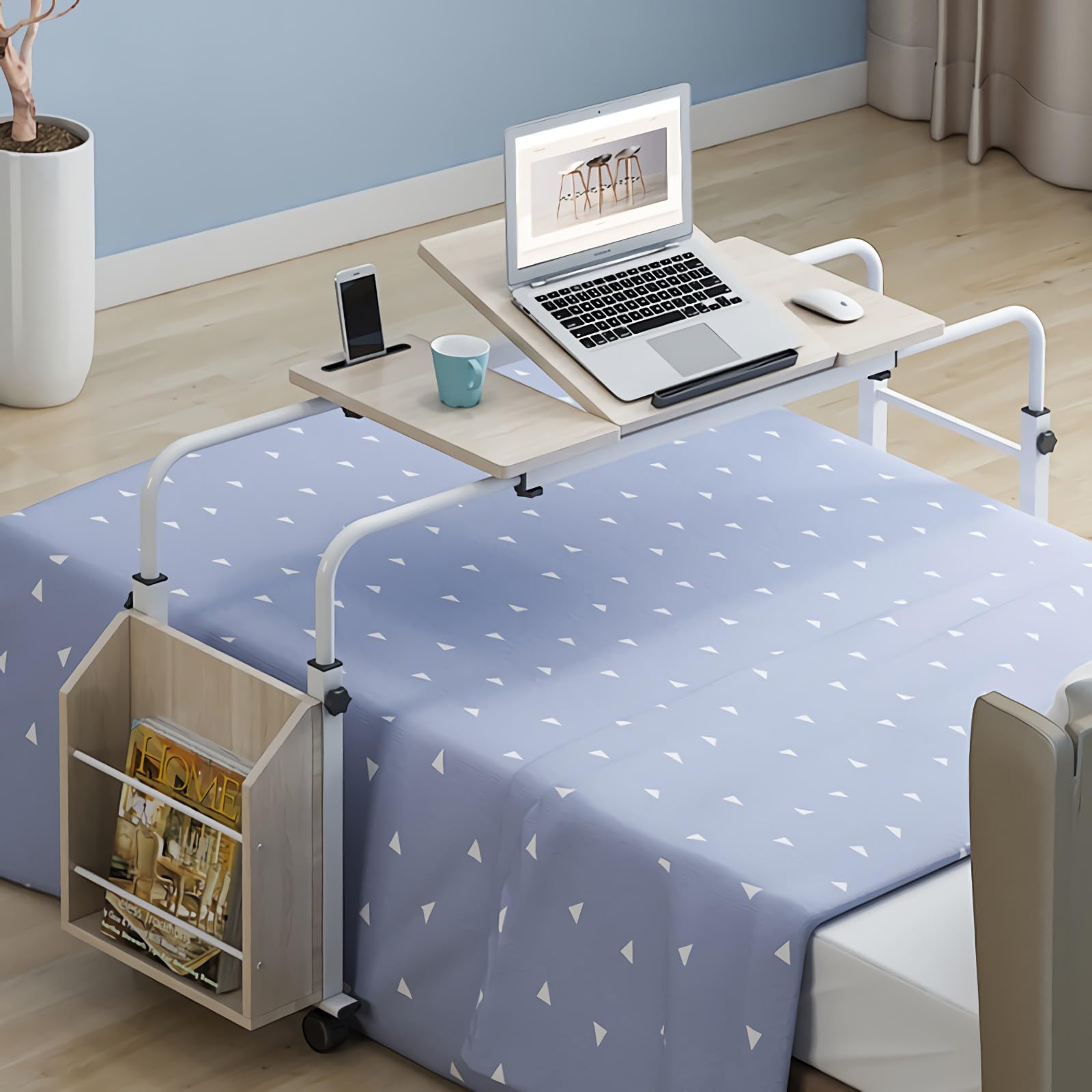 Adjustable Overbed Table with Wheels - Mobile Laptop Desk Cart with Tilt Stand & Storage Shelf - Rolling Tray Table for Hospital, Home Office, Bedroom (White, 31