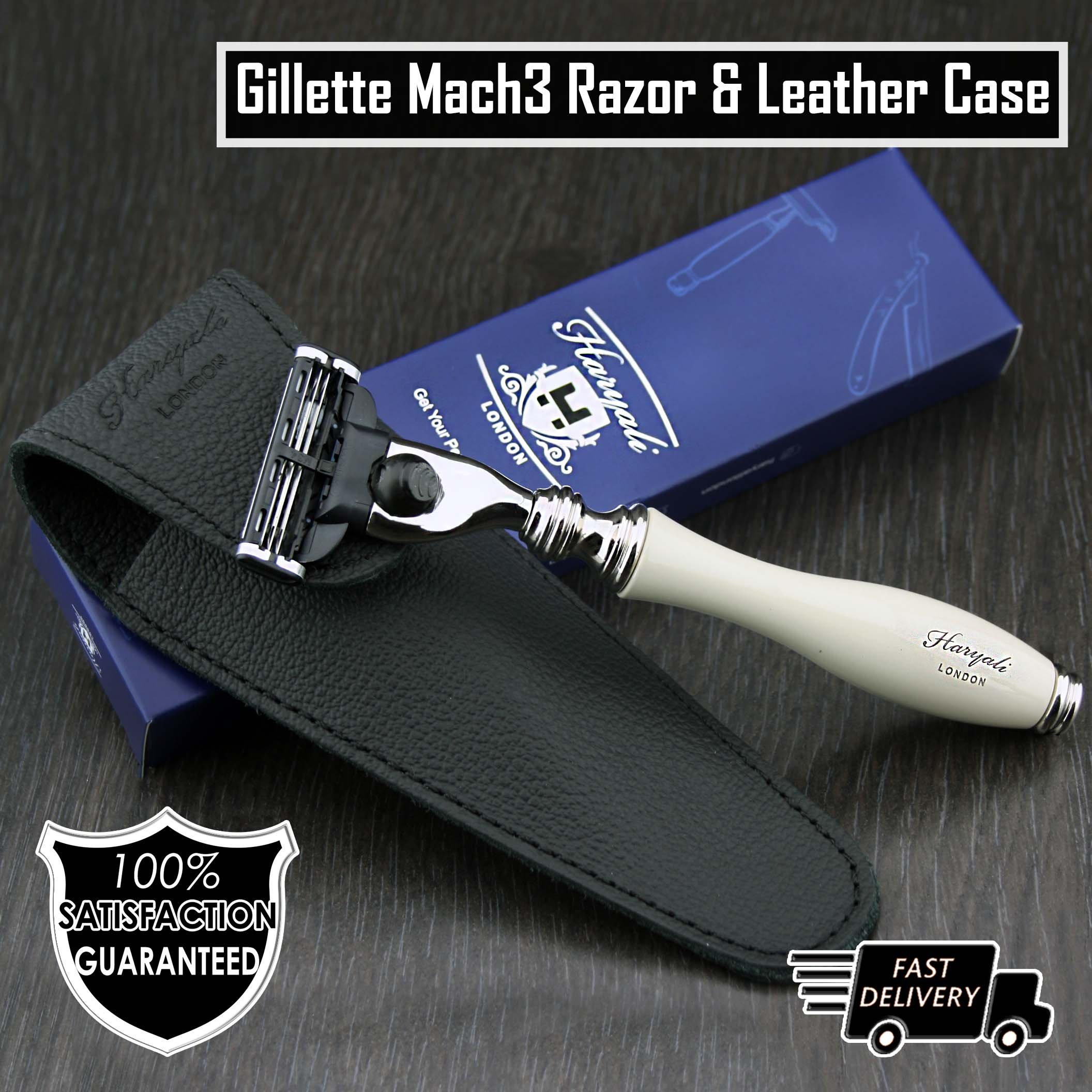 Premium Ivory Triple Edge Razor for Men with Genuine Leather Travel Pouch | Smooth Shaving Cartridge Compatible | Ideal for Travel, Grooming & Luxury Gifts for Him