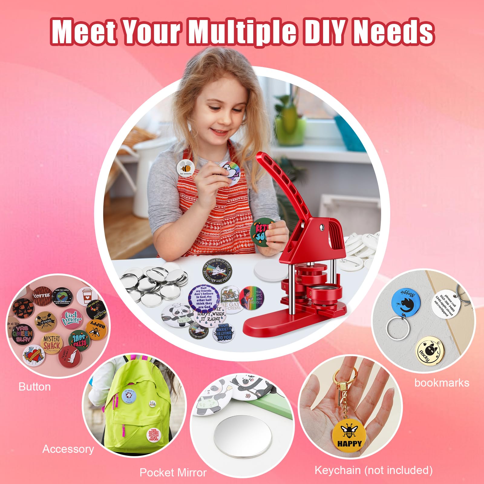 Hicdaw 25mm/32mm/58mm (1/1.25/2.25 inch) DIY Button Maker Machine Kit - Includes Free Buttons, Blank Round Sheets, Circle Cutter & Panda Design Book for Custom Pin Badges - Perfect for Crafting, School Projects, Gifts & Party Favors