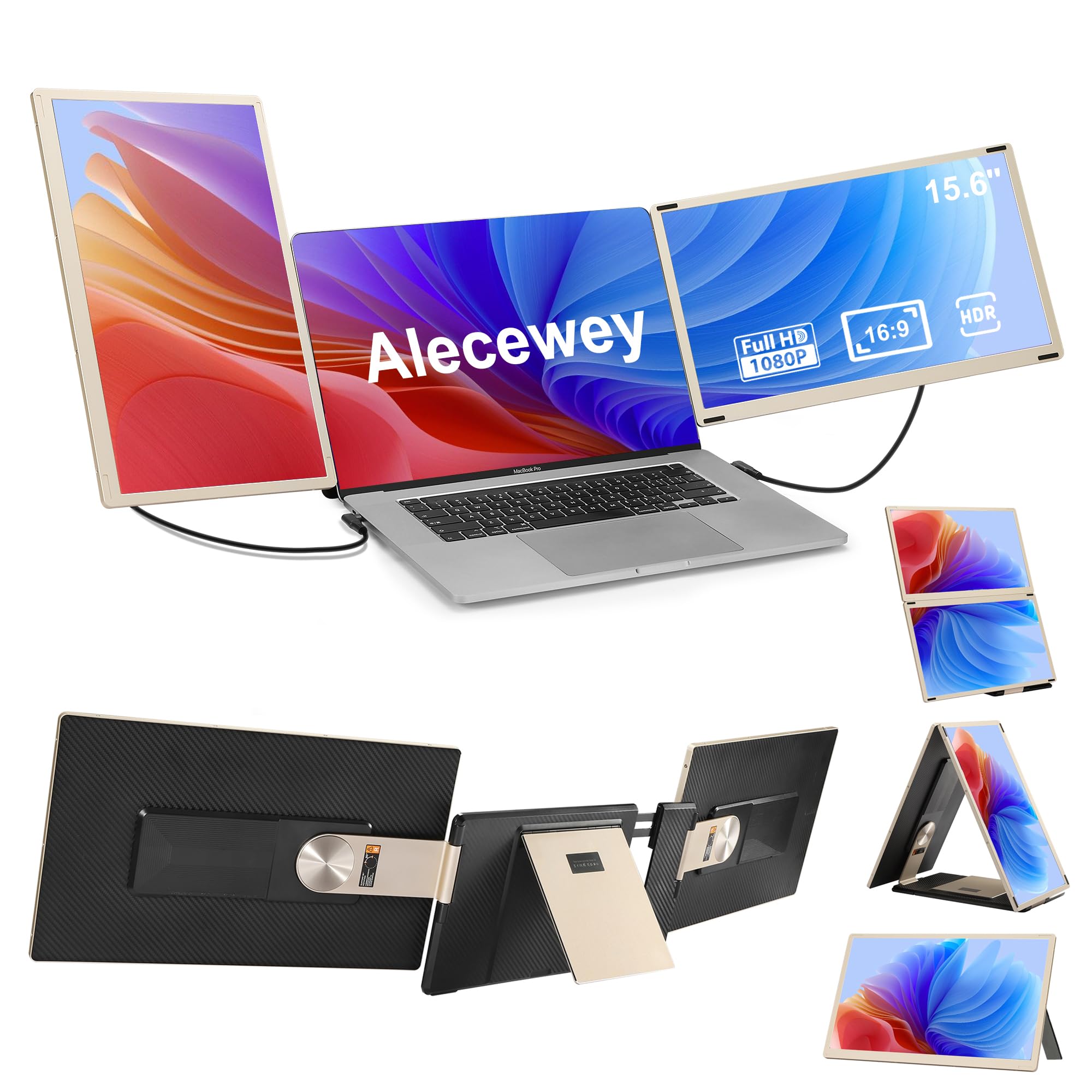 15.6 Inch Triple Screen Laptop Monitor Extender - Alecewey FHD 1080P Portable HDMI Detachable Display for 12-17'' Laptops (Windows, Mac, Android Compatible) - Perfect for Multitasking, Coding & Remote Work