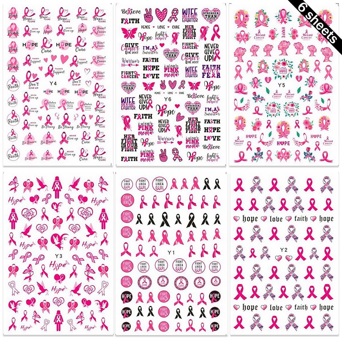 6 Sheets 3D Pink Ribbon Breast Cancer Awareness Nail Art Stickers - Self-Adhesive Heart Letter Nail Decals for Women & Girls - Perfect for Acrylic Manicures, Salon Nail Designs & Breast Cancer Awareness Events
