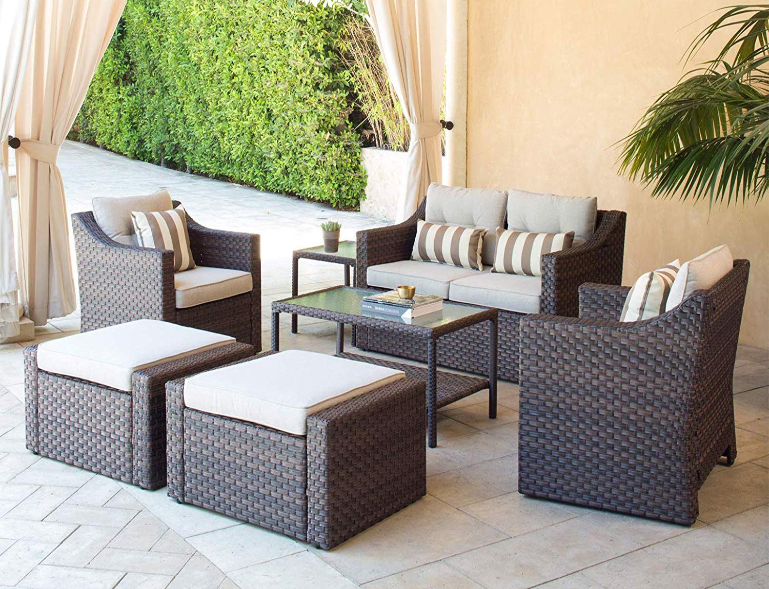 SOLAURA 7-Piece Brown Wicker Outdoor Patio Furniture Set with Cushions - Lounge Chairs, Ottoman, Loveseat & Glass Coffee Table - Weather-Resistant Rattan Conversation Set for Garden, Poolside & Backyard Relaxation