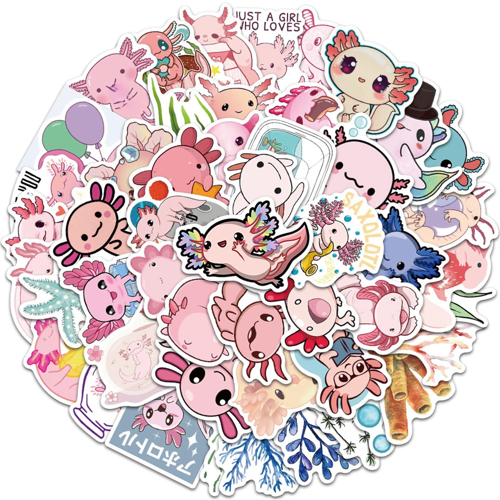 50PCS Cute Axolotl Stickers - Kawaii Waterproof Vinyl Stickers for Water Bottles, Laptops, Phones, Journals - Perfect Gift for Kids, Teens & Adults - Great for DIY Crafts, School Supplies & Party Favors
