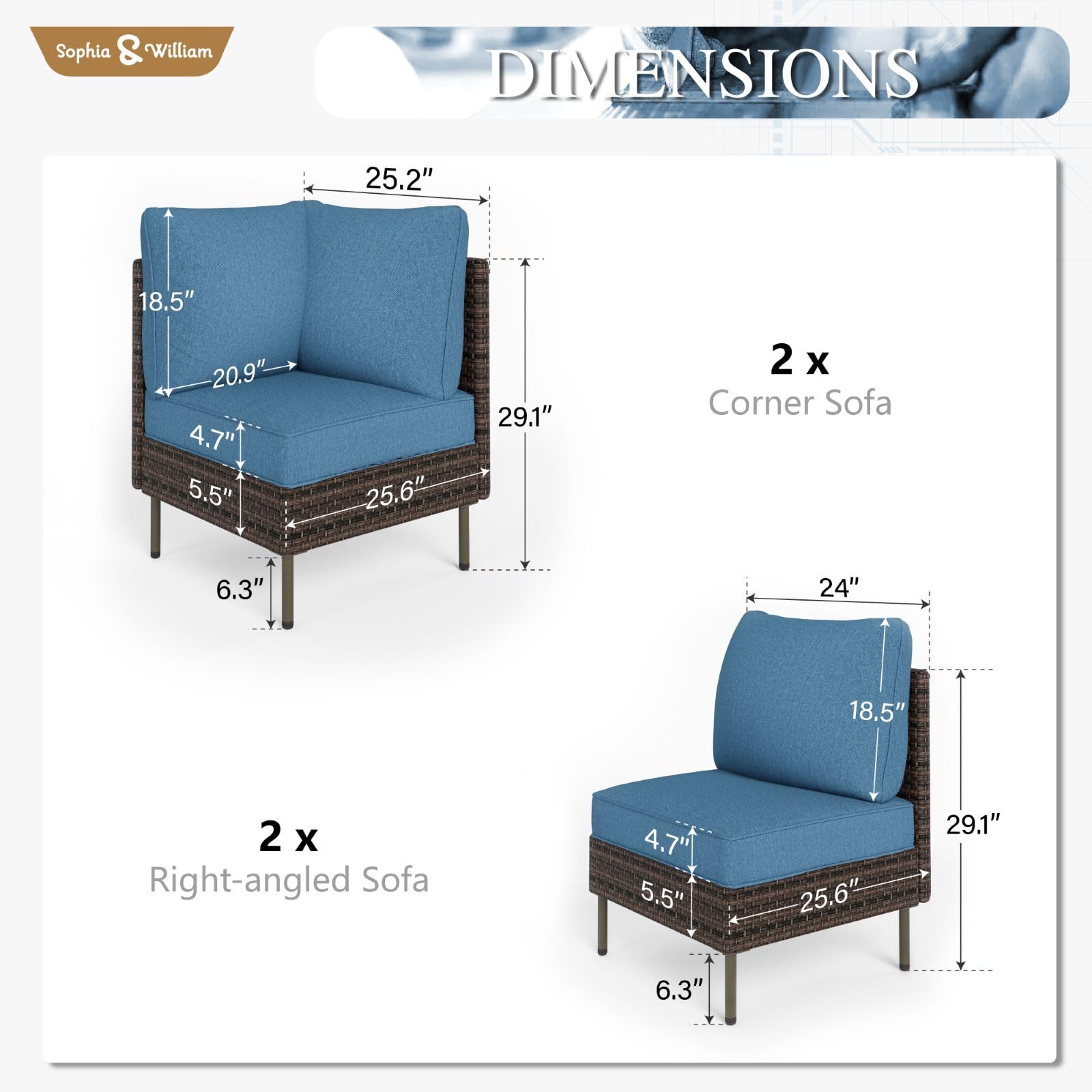Sophia & William 4-Piece All-Weather Outdoor Patio Furniture Set - PE Wicker Conversation Sofa Set with Cushions - Blue Patio Seating for Backyard, Porch, Garden & Poolside Relaxation