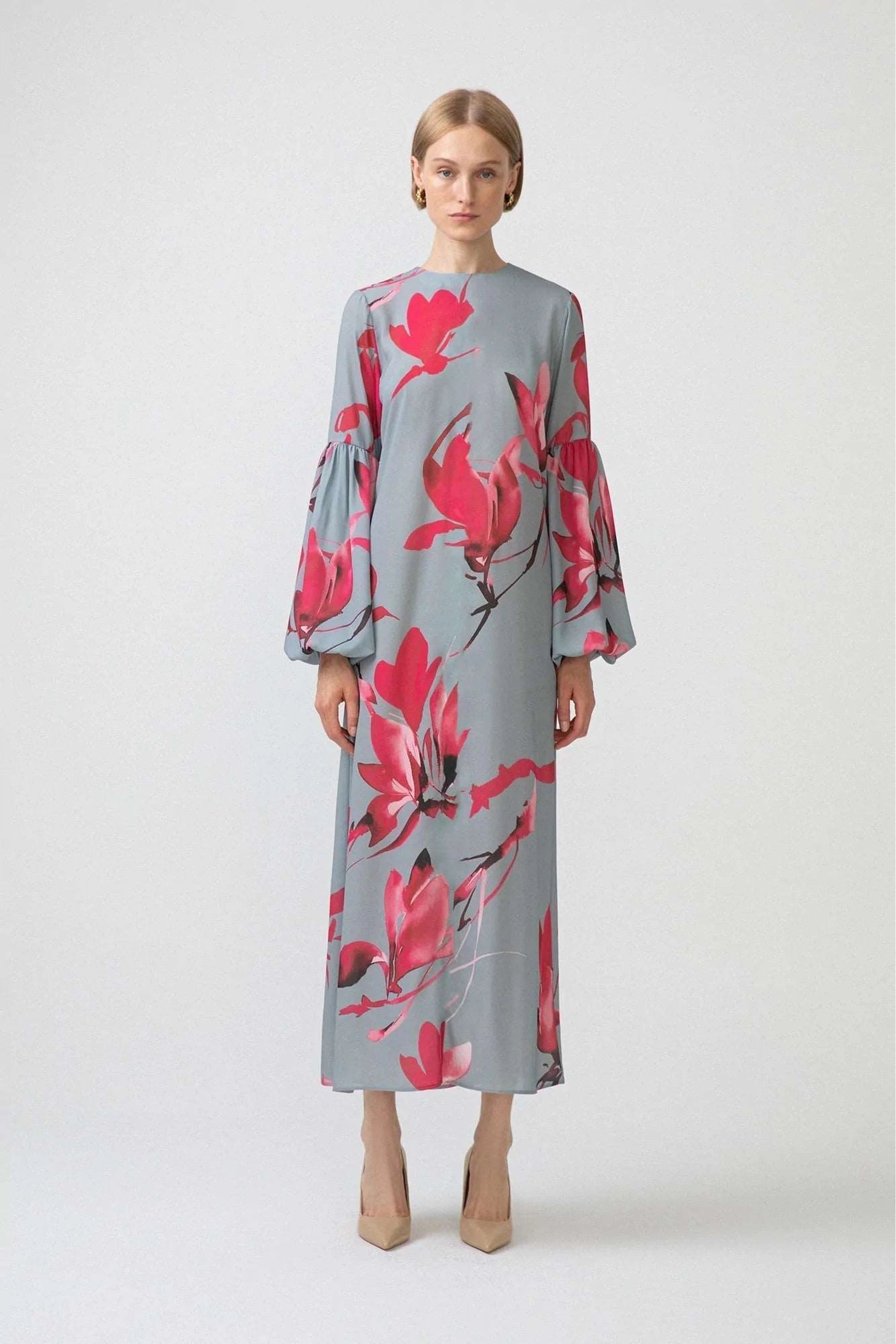Zara Floral Print Long Sleeve Balloon Dress for Women | Elegant Party, Wedding Guest & Special Occasion Outfit