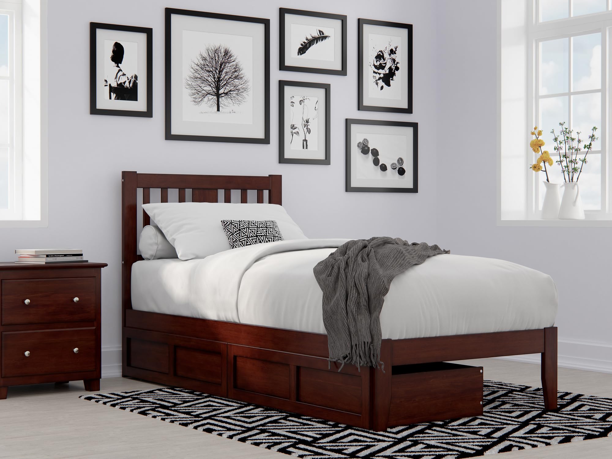 AFI Tahoe Twin XL Size Platform Bed with Storage Drawers & USB Charging Station - Walnut Finish Space-Saving Bed Frame for Small Rooms, Dormitories & Guest Bedrooms