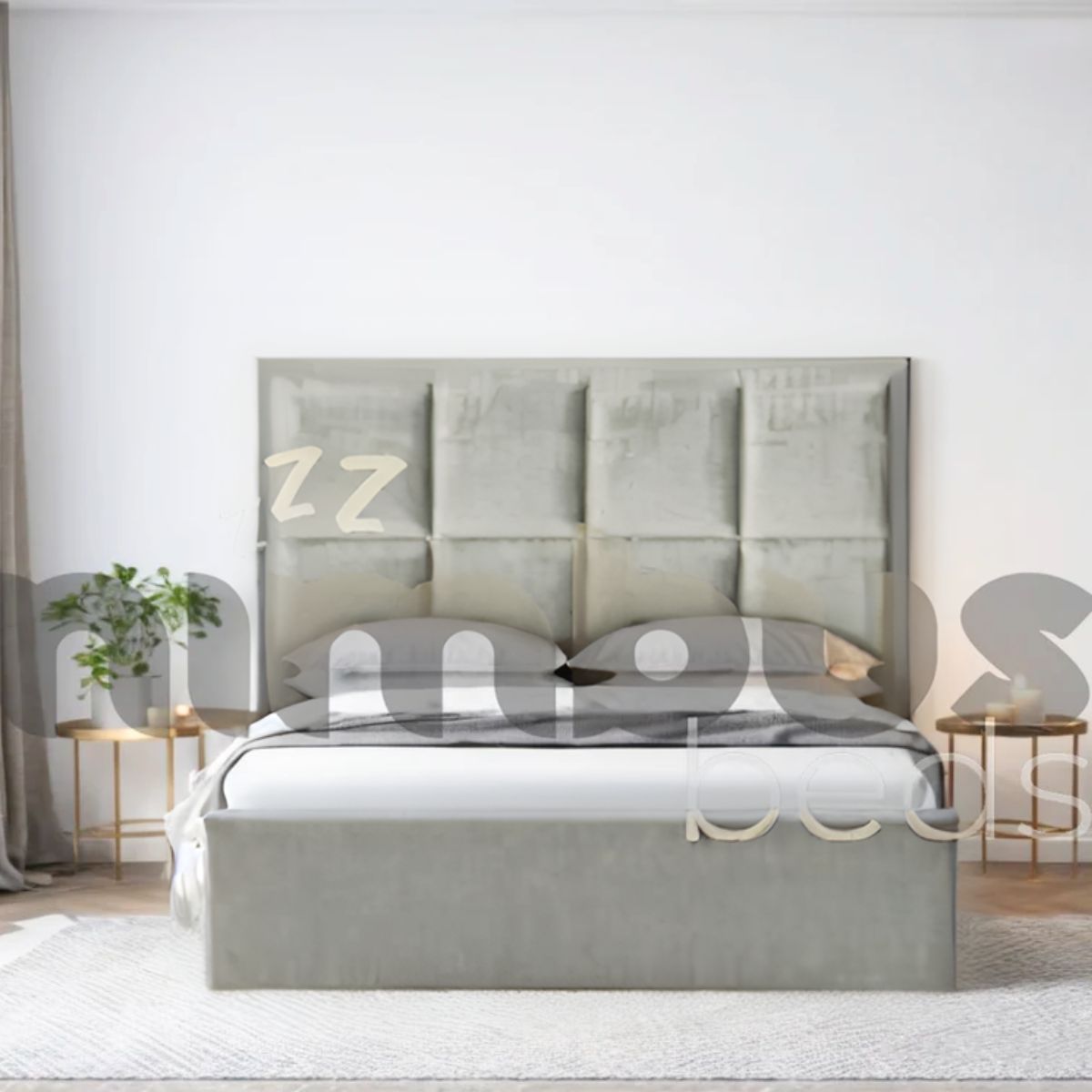 8 Square Panel Bed Frame - Queen Size Wooden Platform Bed with Upholstered Headboard - Perfect for Modern Bedrooms & Guest Rooms
