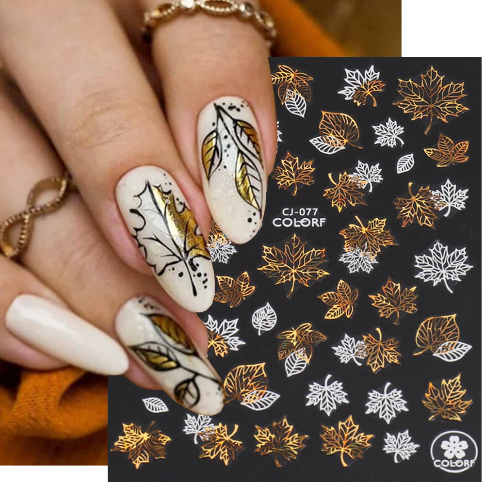 Fall Nail Art Stickers - 9 Sheets Autumn Maple Leaves & Butterfly 3D Nail Decals for Thanksgiving | Gold & White Acrylic Nail Designs | Perfect for Women's Seasonal Nail Art, Holiday Parties & DIY Manicures