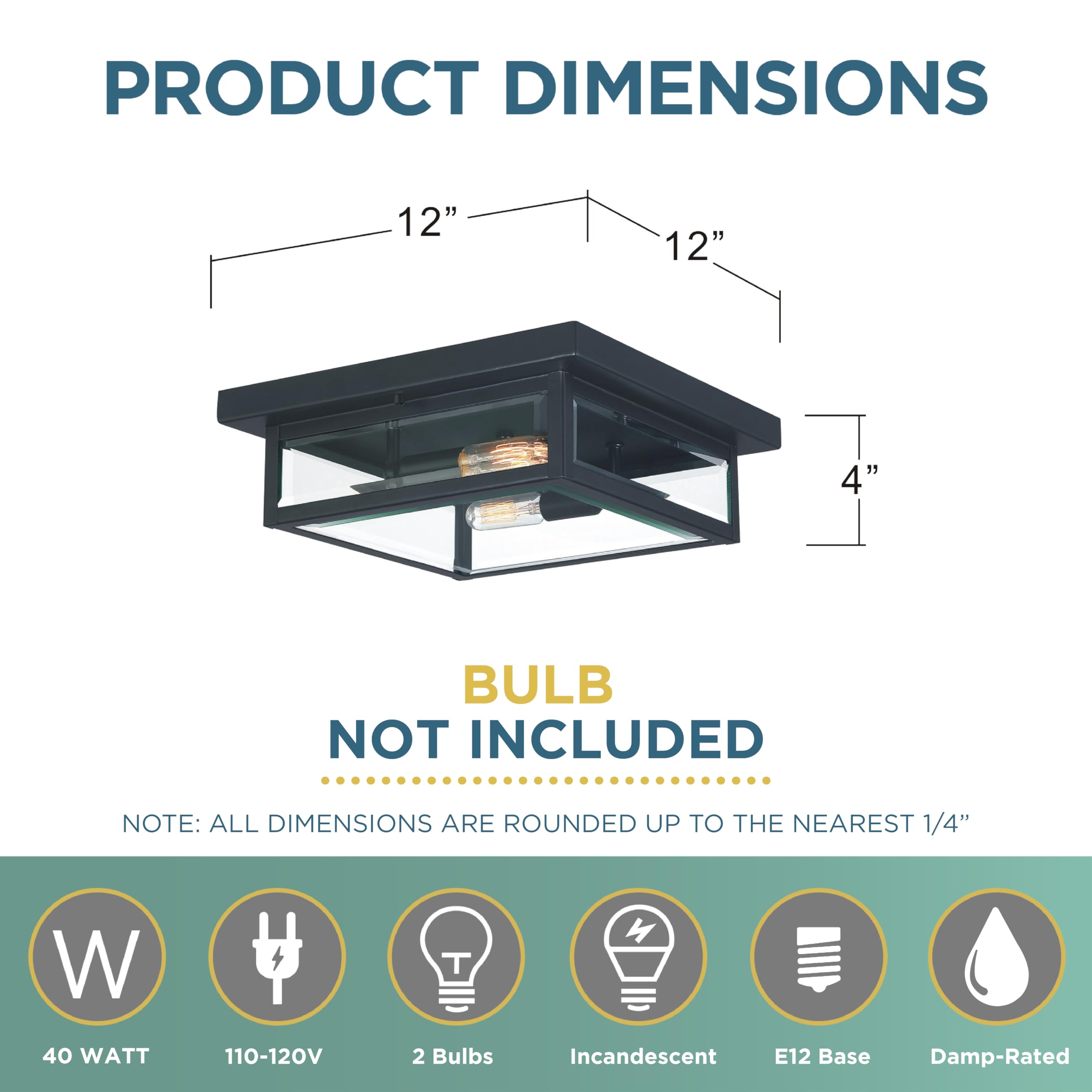 Quoizel Westover 12 Inch 2-Light Outdoor Flush Mount Ceiling Light - Black Industrial Lantern with Beveled Glass - Farmhouse Porch Patio Hallway Yard Lighting - Perfect for Outdoor Entryway, Garden & Backyard Decor