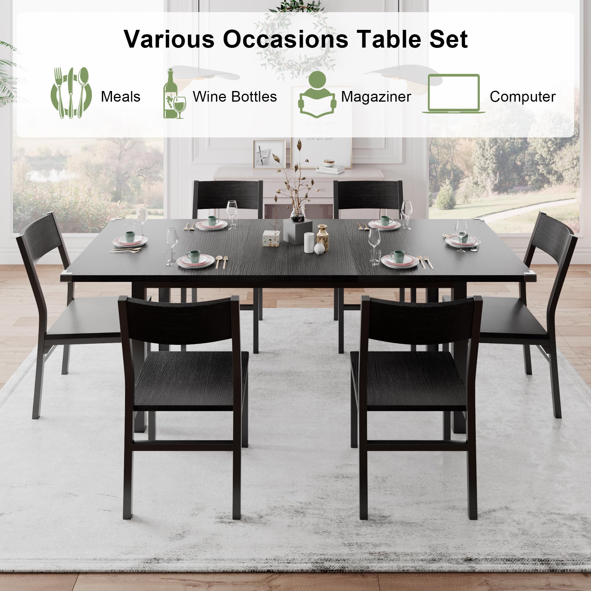 Feonase 63 Inch Extendable Dining Table Set with 6 Chairs - 7-Piece Mid-Century Modern Kitchen Table for Small Spaces, Heavy Duty Metal Frame in Black | Perfect for Apartments, Breakfast Nooks & Compact Dining Areas