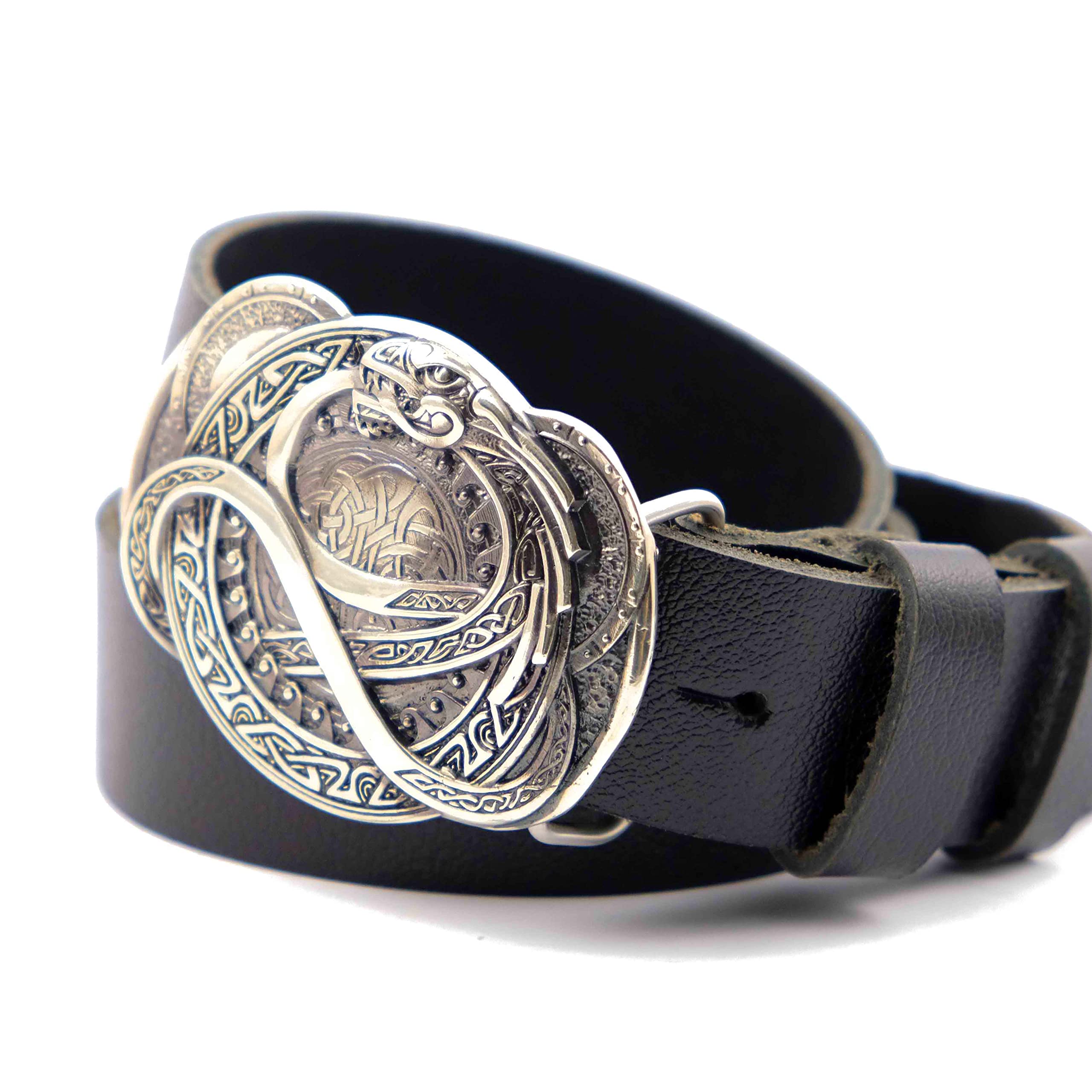Handmade Jormungandr Belt Buckle - Solid German Silver Norse Ouroboros Dragon Design for Men & Women | Perfect for Viking Cosplay, Medieval LARP, and Gothic Fashion Accessories