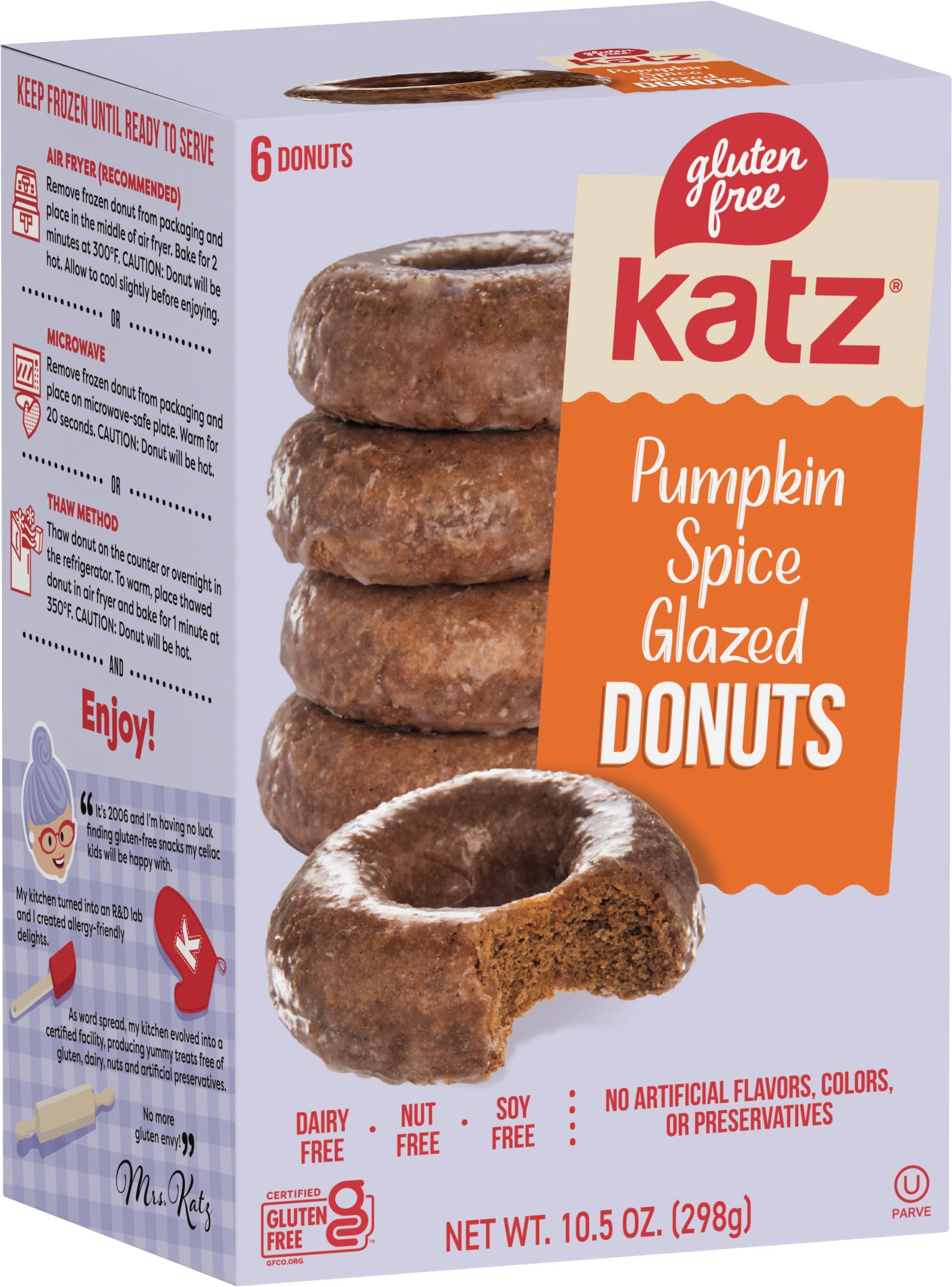 Katz Gluten Free Donuts - 6 Delicious Flavors (Powdered, Glazed, Cinnamon, Pumpkin Spice, Chocolate Frosted) | Dairy-Free, Soy-Free, Nut-Free Snacks | Perfect for Breakfast, Office Snacks & Celiac-Friendly Diets