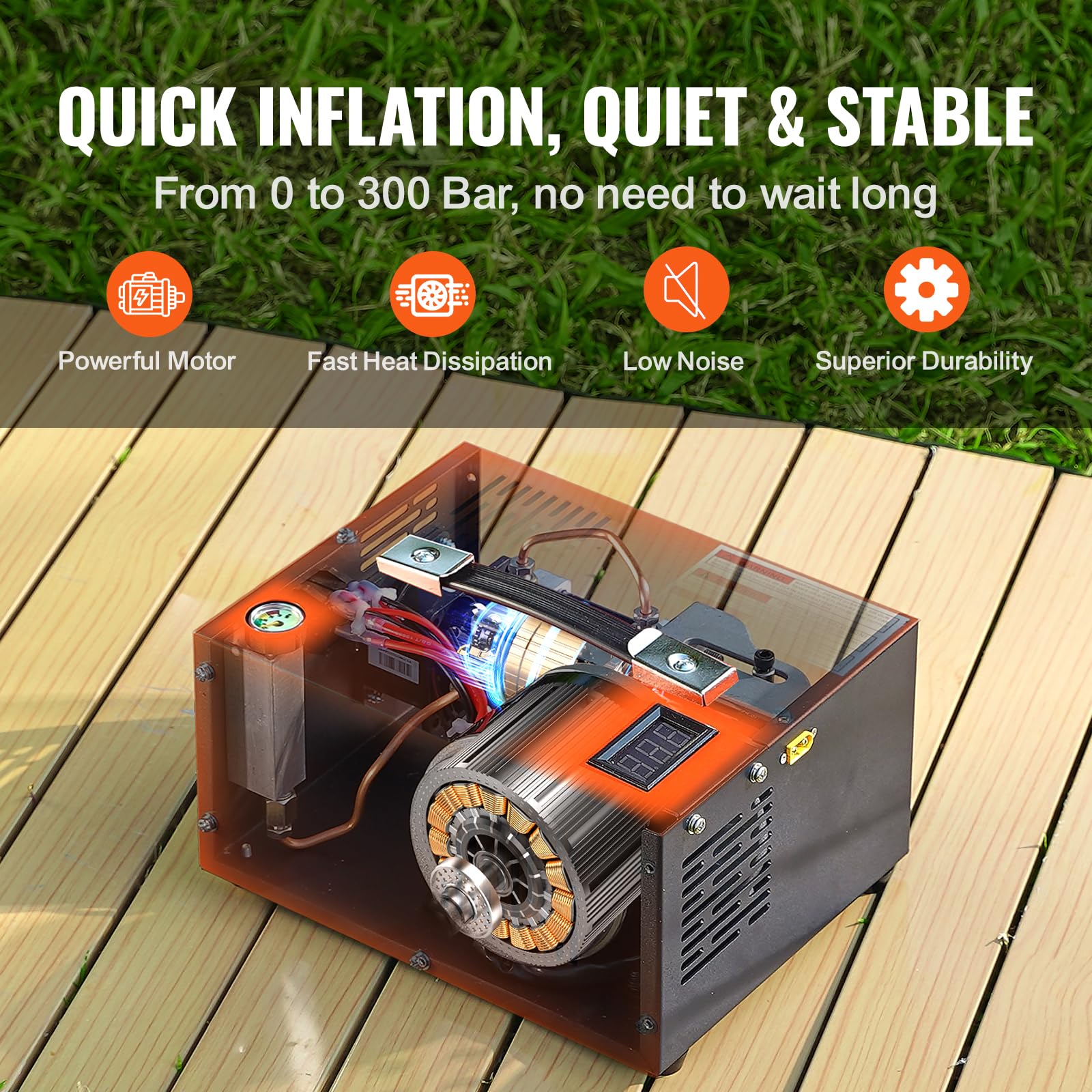 VEVOR 4500PSI Portable PCP Air Compressor for Airguns, Paintball & Scuba Tanks - Oil-Free, Water-Free, 12V/115V Dual Power with Manual Stop - Perfect for Hunting, Sports & Diving Adventures