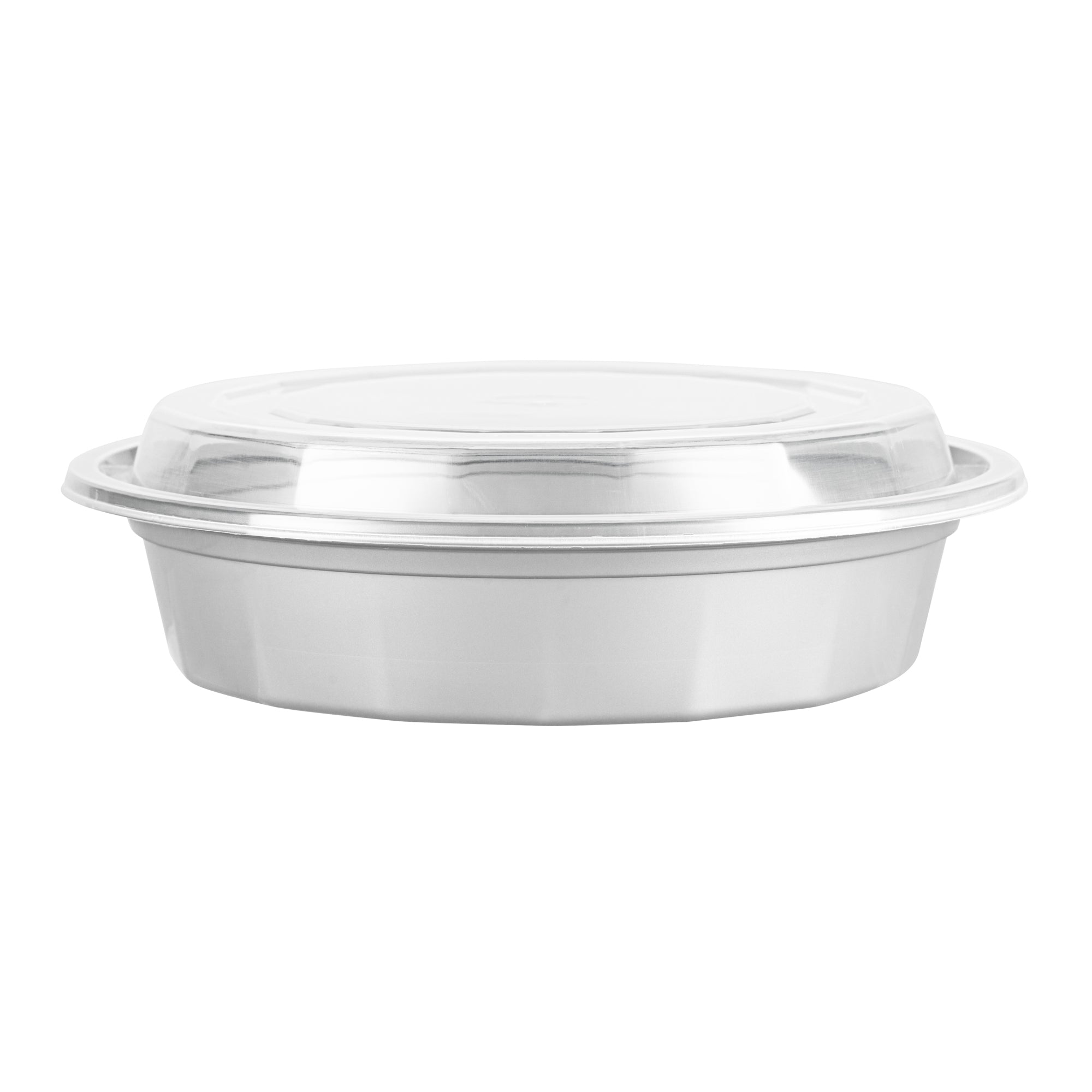 24 oz Round Silver Plastic Takeout Containers with Clear Lids - 100 Pack (7.25