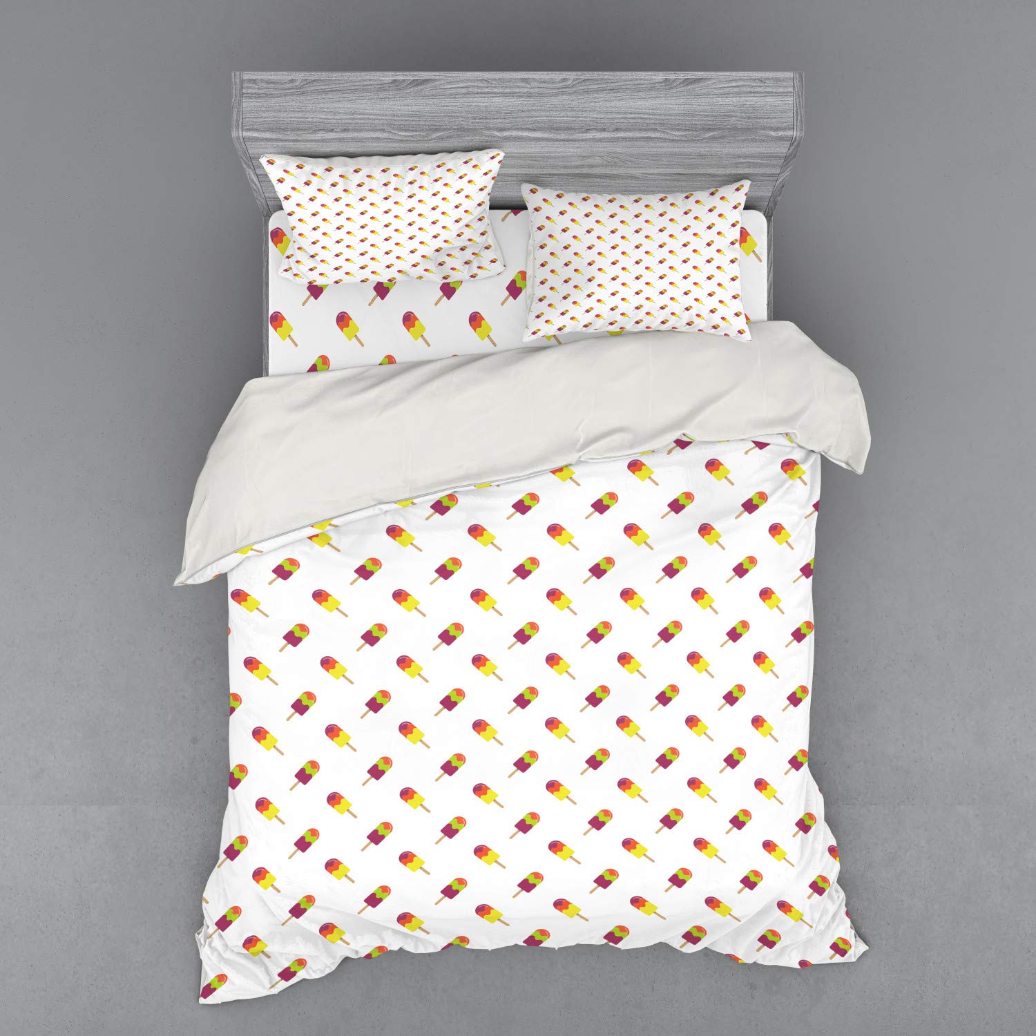 Ambesonne Ice Cream Bedding Set - 4 Piece Queen Size Duvet Cover with Shams & Fitted Sheet, Colorful Summer Snacks Diagonal Pattern, Soft & Refreshing Cotton Blend - Perfect for Summer Bedrooms, Kids Rooms & Sweet-Themed Decor
