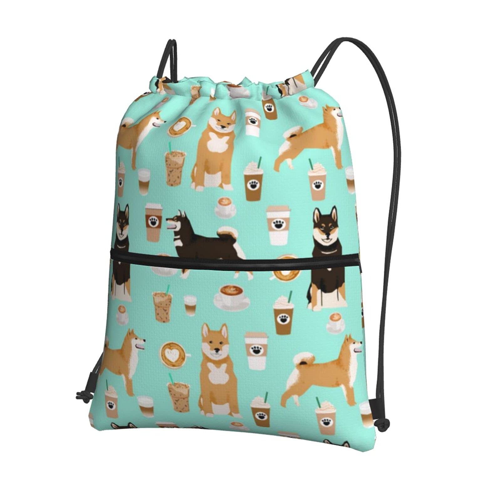 AMRANDOM Waterproof Gym Drawstring Bag - Shiba Inu & Coffee Print Sports Backpack with Zipper Pockets for Men, Women, Boys & Girls | Perfect for Workouts, Travel & School | One Size Fits All
