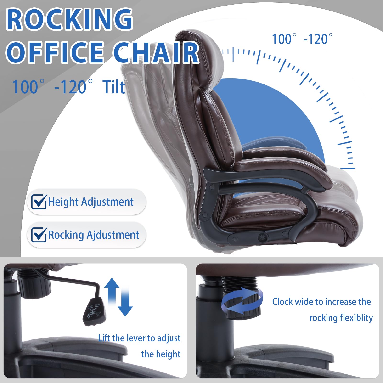 Premium Executive Office Chair - Extra Wide Headrest, PU Leather Large Seat, Recline Function & Heavy Duty Base - 400lbs Weight Capacity - Ergonomic Desk Chair for Home Office, Conference Room or Executive Suite (Brown)