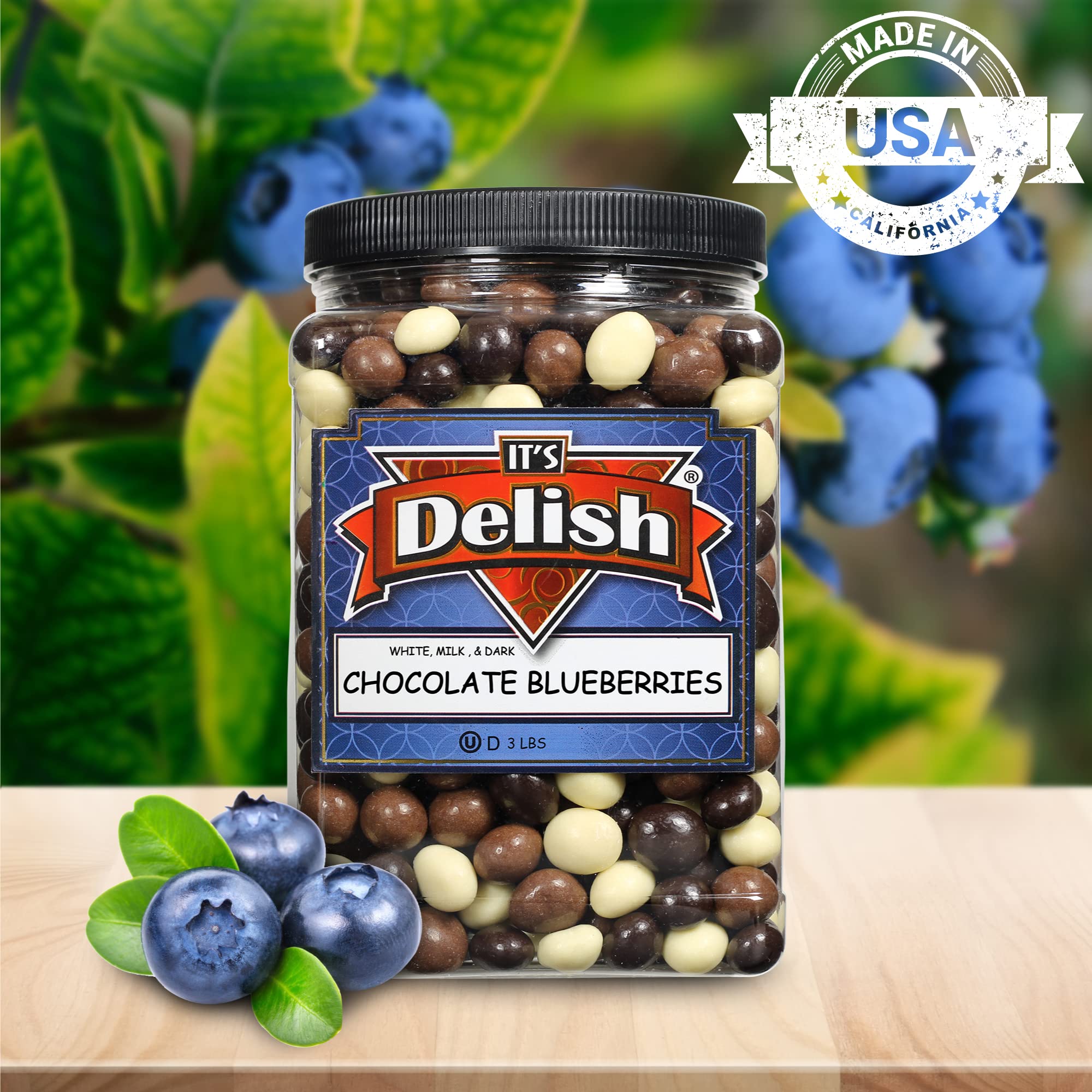 Premium Gourmet Chocolate Covered Blueberries Mix - Dark, Milk & White Chocolate - 3 LBS Bulk Size in Reusable Jar | Kosher Dairy Certified, Made in USA | Perfect for Gift Baskets, Party Favors & Healthy Snacking