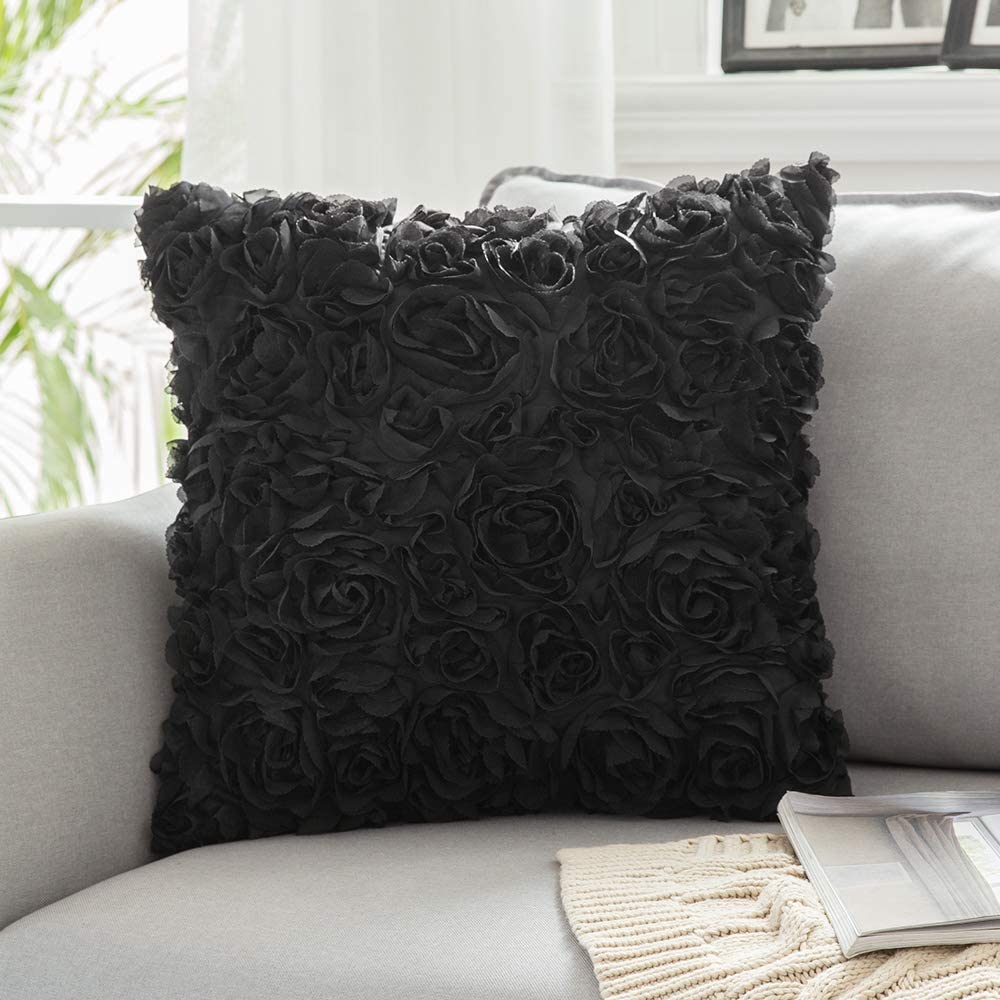MIULEE 3D Decorative Romantic Valentines Rose Flower Throw Pillow Cover - 18x18 Inch (45x45cm) Black Chiffon Pillowcase for Sofa, Bedroom, Car - Perfect for Weddings, Gifts & Home Decor