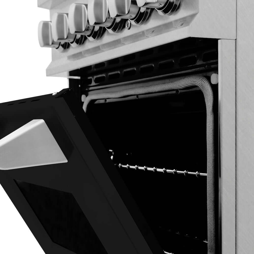 ZLINE 24 Inch 2.8 Cu. Ft. Dual Fuel Range with 4 Burner Gas Cooktop & Electric Convection Oven - Satin Stainless Steel with Black Matte Door (RAS BLM 24) | Professional Kitchen Appliance for Home Chefs & Cooking Enthusiasts