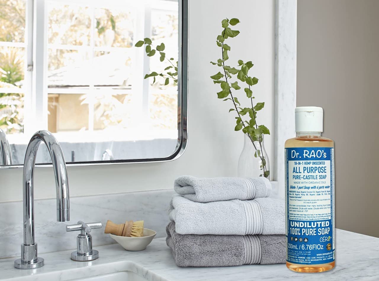 Dr. Rao's Unscented Pure Castile Soap - 100% Organic, Undiluted Multi-Purpose Liquid Soap for Body, Dishes & Laundry (200ml) | Gentle Cleanser for Sensitive Skin & Eco-Friendly Household Use