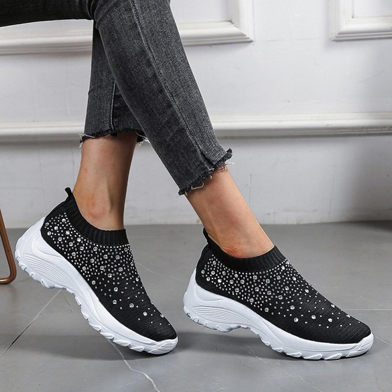 HINDOLA Women's Rhinestone Mesh Slip-On Sneakers - Breathable Lightweight Walking Shoes for Casual, Running & Tennis - Black | Perfect for Workouts, Daily Wear & Outdoor Activities