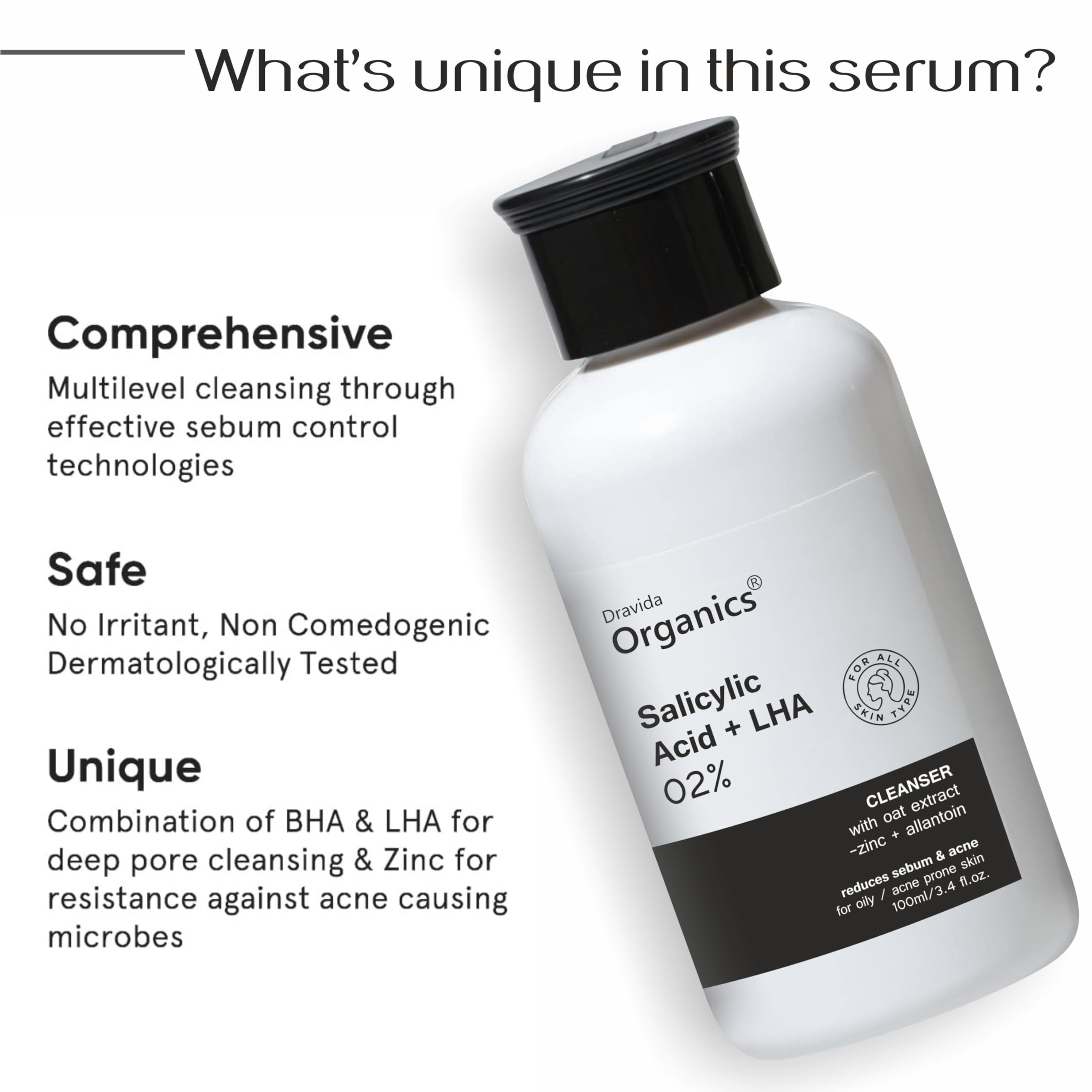 Dravida Organics 2% Salicylic Acid Face Wash for Oily Skin - Oil Control & Anti-Acne Cleanser for Men & Women (100ml) | Deep Cleansing & Pore Minimizing for Clear Skin | Perfect for Daily Skincare Routine & Acne-Prone Skin Care