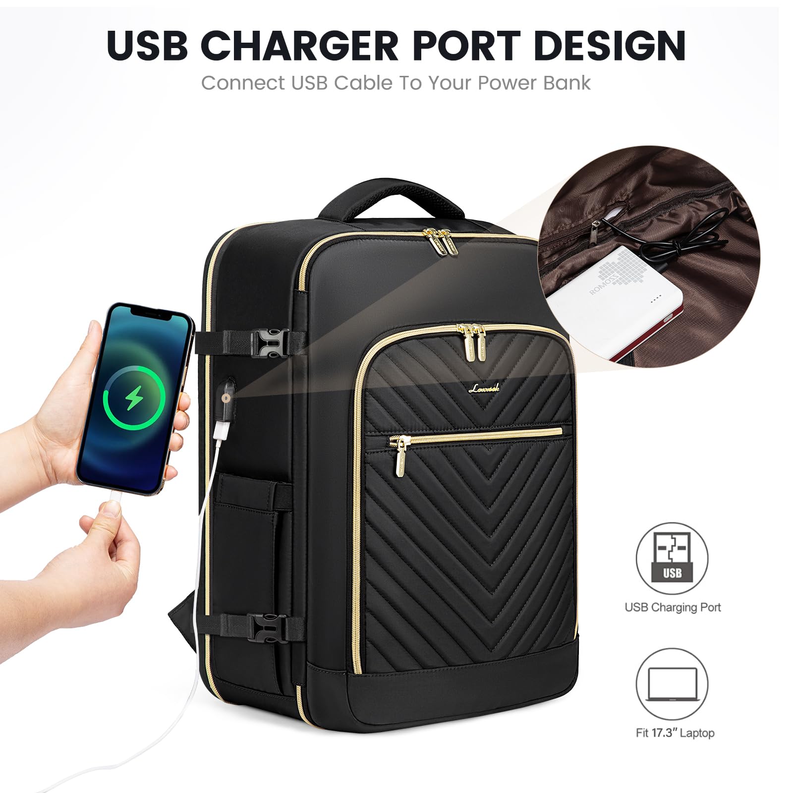 LOVEVOOK Large Travel Backpack for Women - Flight Approved Carry On Backpack with USB Charging Port & 3 Packing Cubes, Waterproof 17 Inch Laptop Backpack for Business Travel, Commuting & Weekend Getaways