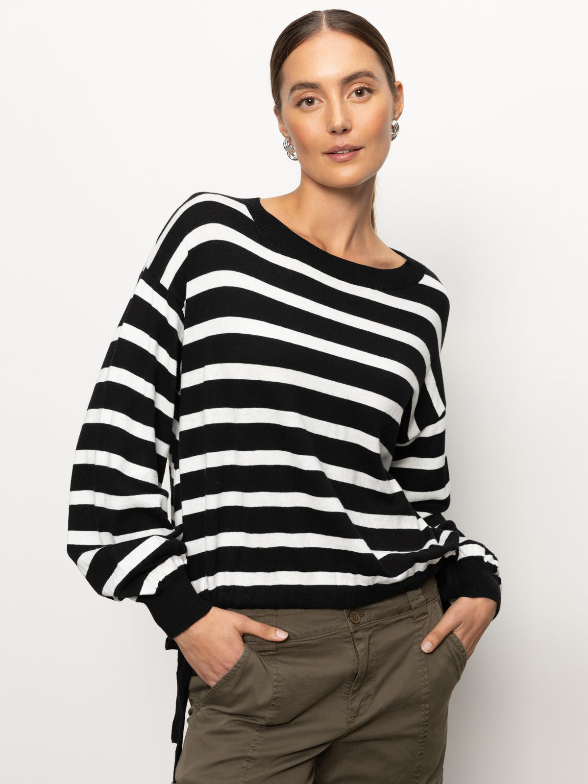 Black & White Chalk Stripe Side Tie Sweater for Women - Casual Office Wear & Layering Essential