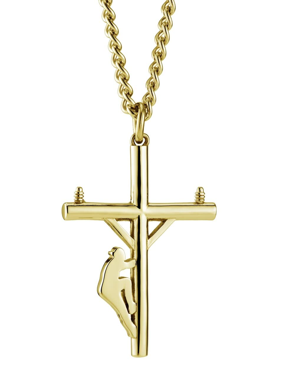 Shields of Strength 14K Gold Plated & Stainless Steel Lineman Cross Pendant Necklace - John 1:4 Bible Verse Christian Jewelry for Men - Inspirational Faith Gift for Graduation, Baptism & Daily Wear